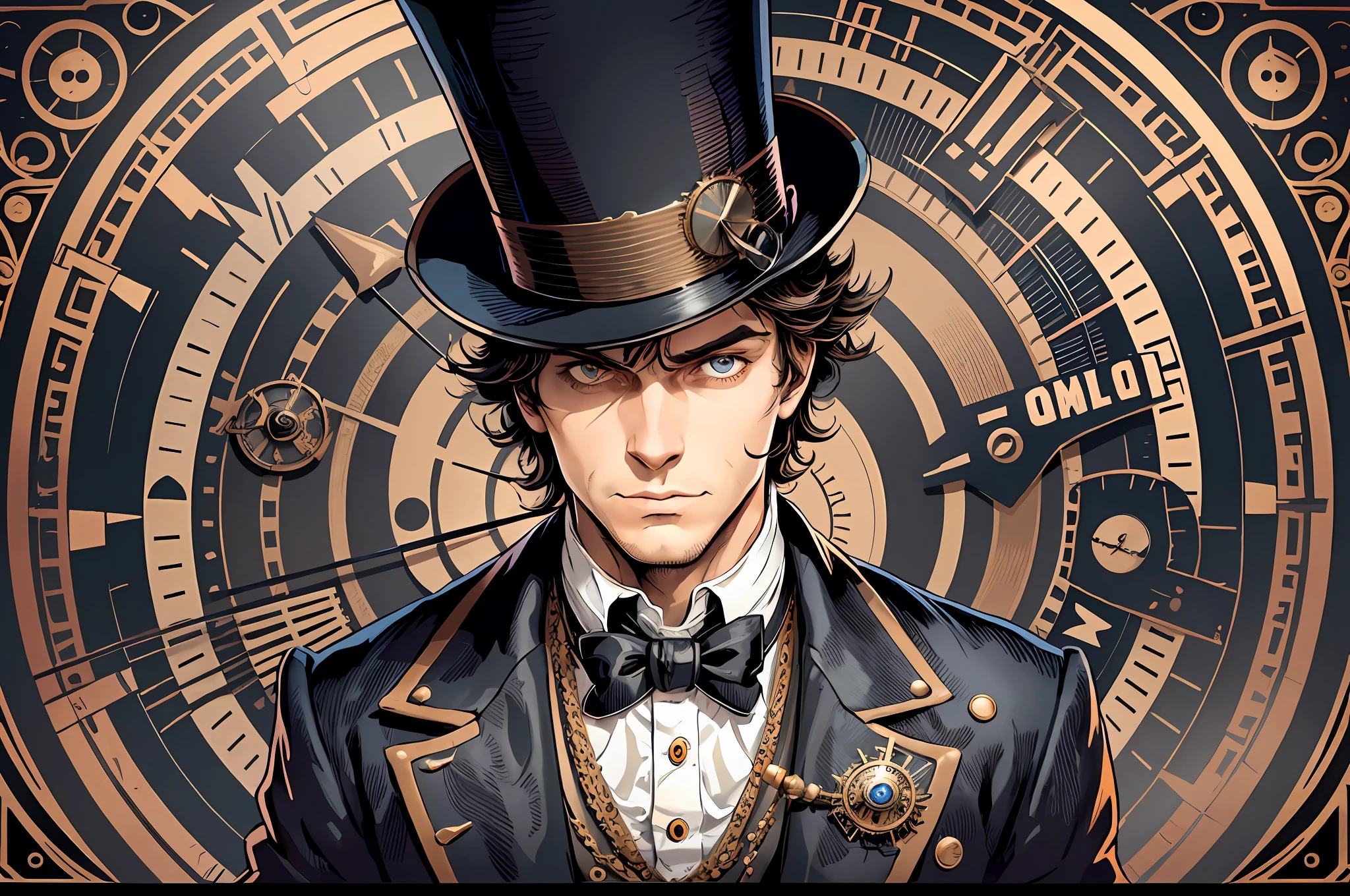 there is a man with a top hat and a clock on his head, vector art inspired by Otto Eckmann, flickr, digital art, steampunk male portrait, the guy from a clockwork orange, alex from a clockwork orange, clockwork orange, movie clockwerk orange, a clockwork orange, wearing steampunk top hat, clockwork steampunk, steampunk digital art, steampunk fiction, clockwork --ar 3:2 --auto --s2
