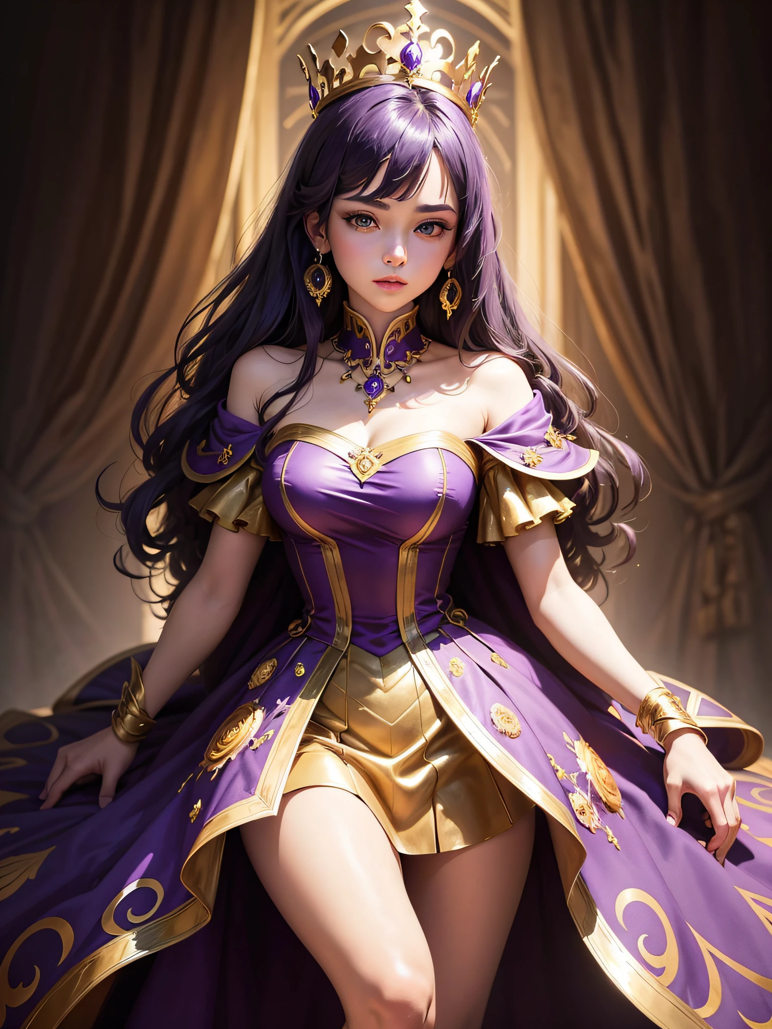 (masterpiece, top quality, best quality, official art, beautiful and aesthetic: 1.2), (1girl), (purple and gold queen's dress), serious