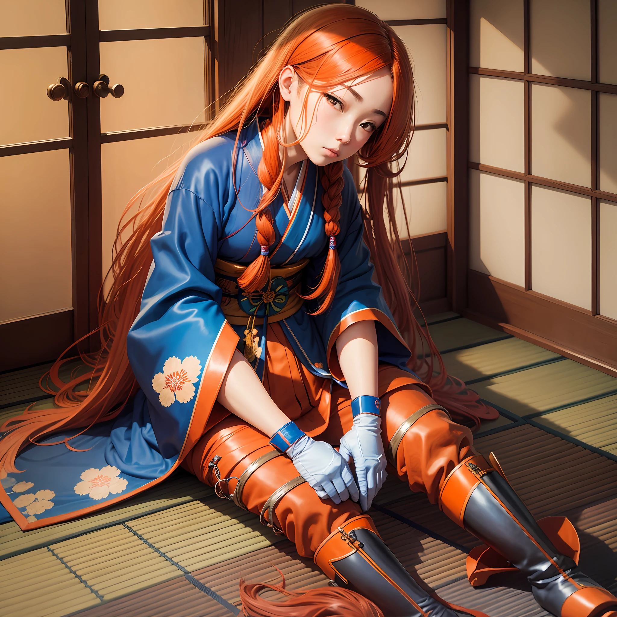 Japanese,Orange Long Hair,Blue Kimono,Japanese Room,Japan,Sitting,Boot,Gloves --auto --s2
