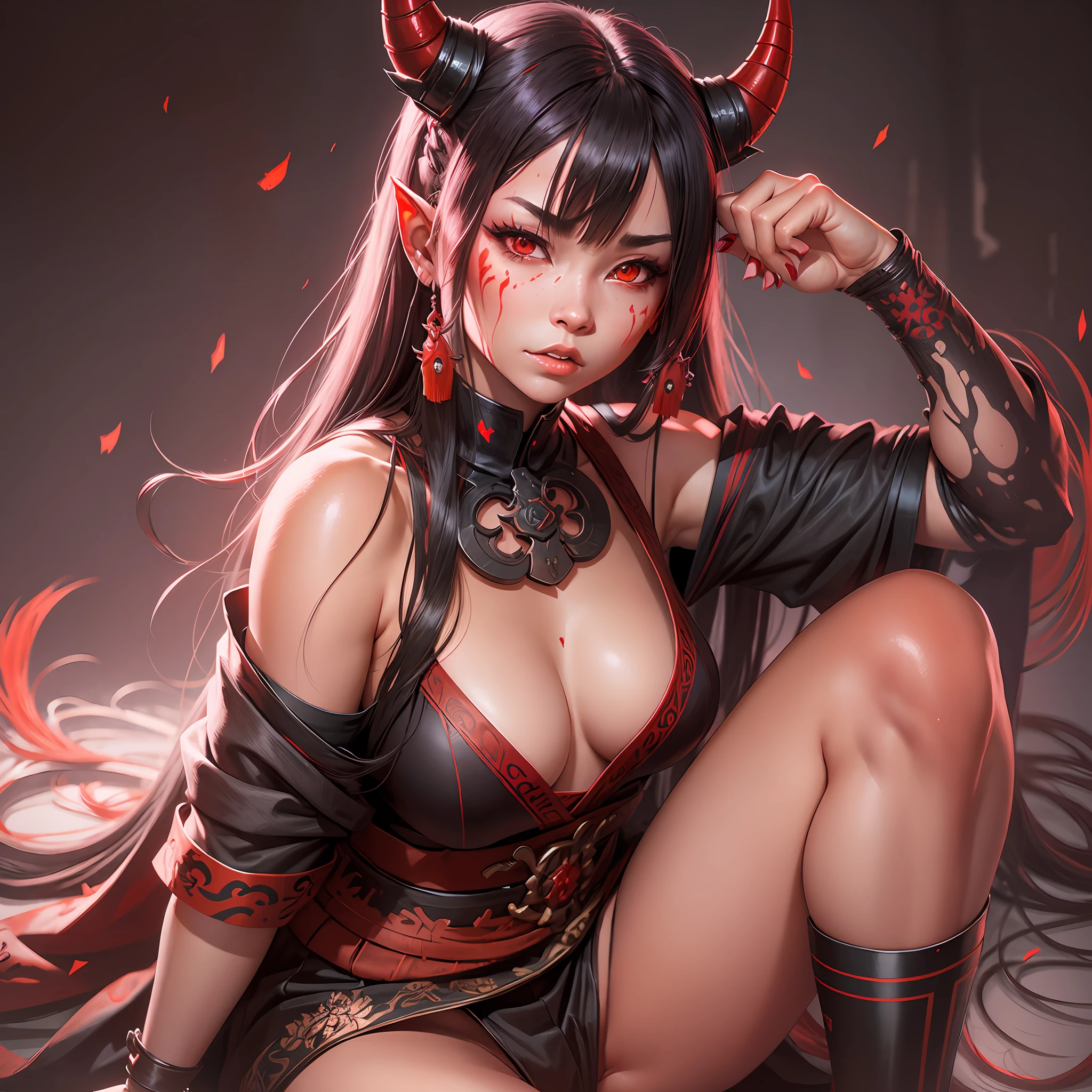 female oni, on knees, long hair, red skin, japanese oni horns, by Ilya Kuvshinov --auto --s2