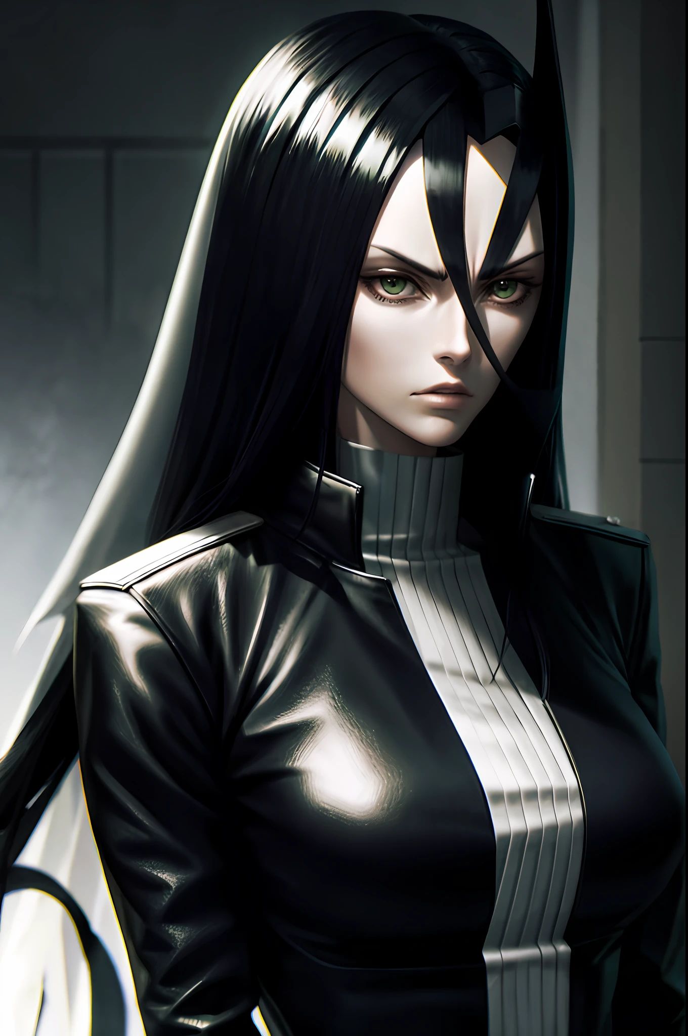 Unohana of Bleach, realistic style, green eyes,Leather jacket, gothic, biker, sharp look