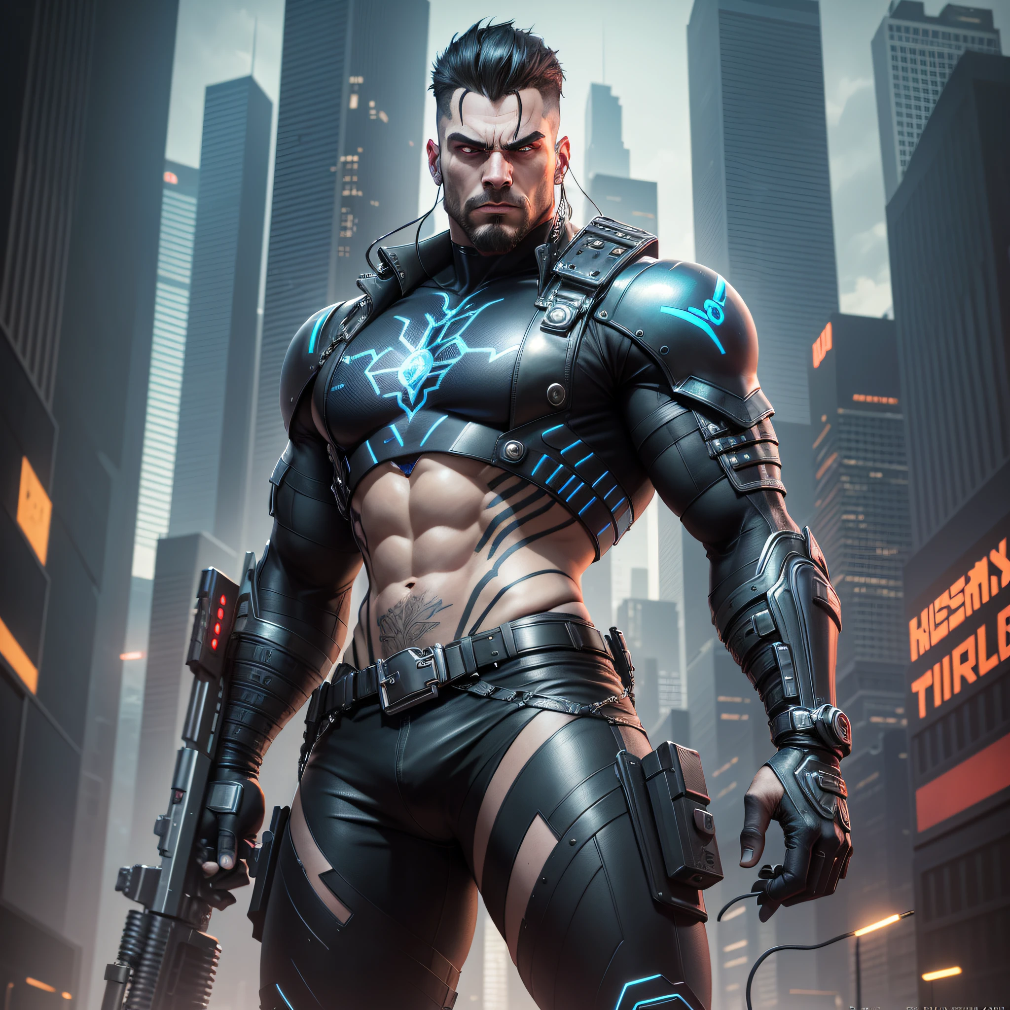 The image is concept art of a cyberpunk character, inspired by the style of Ernest Khalimov. The character is a muscular and imposing man with a horned head and a baseball bat in his hands. He has a serious and determined expression, looking at the horizon. He wears a black leather jacket, with metallic accents and neon lights. It has a bionic arm, with exposed wires and circuits. He also has tattoos and piercings on his face and body. The background of the image is a futuristic city, with tall buildings and full of screens and advertisements. The image has a dark and contrasting color palette, with shades of black, gray, red, and blue. The image is a high-quality 3D render with an impressive level of detail. The image resembles a badass anime or a painting by James Gurney., Futurism, cinematic lighting, UHD, anatomically correct, best quality, high details --auto --s2