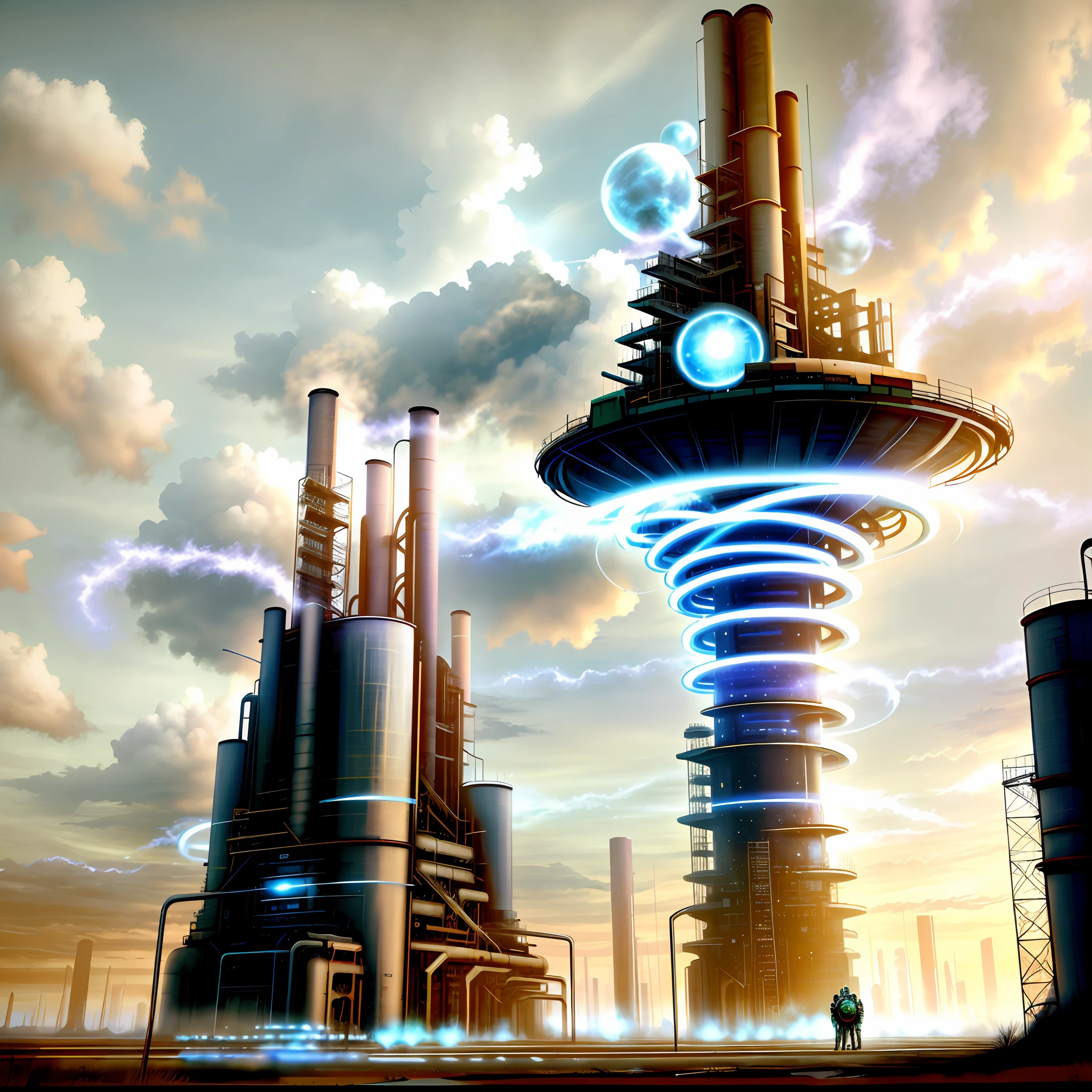 Super futuristic factory, with people entering sad on the left side and leaving on the right side jumping with joy with a beautiful landscape of nature in the background