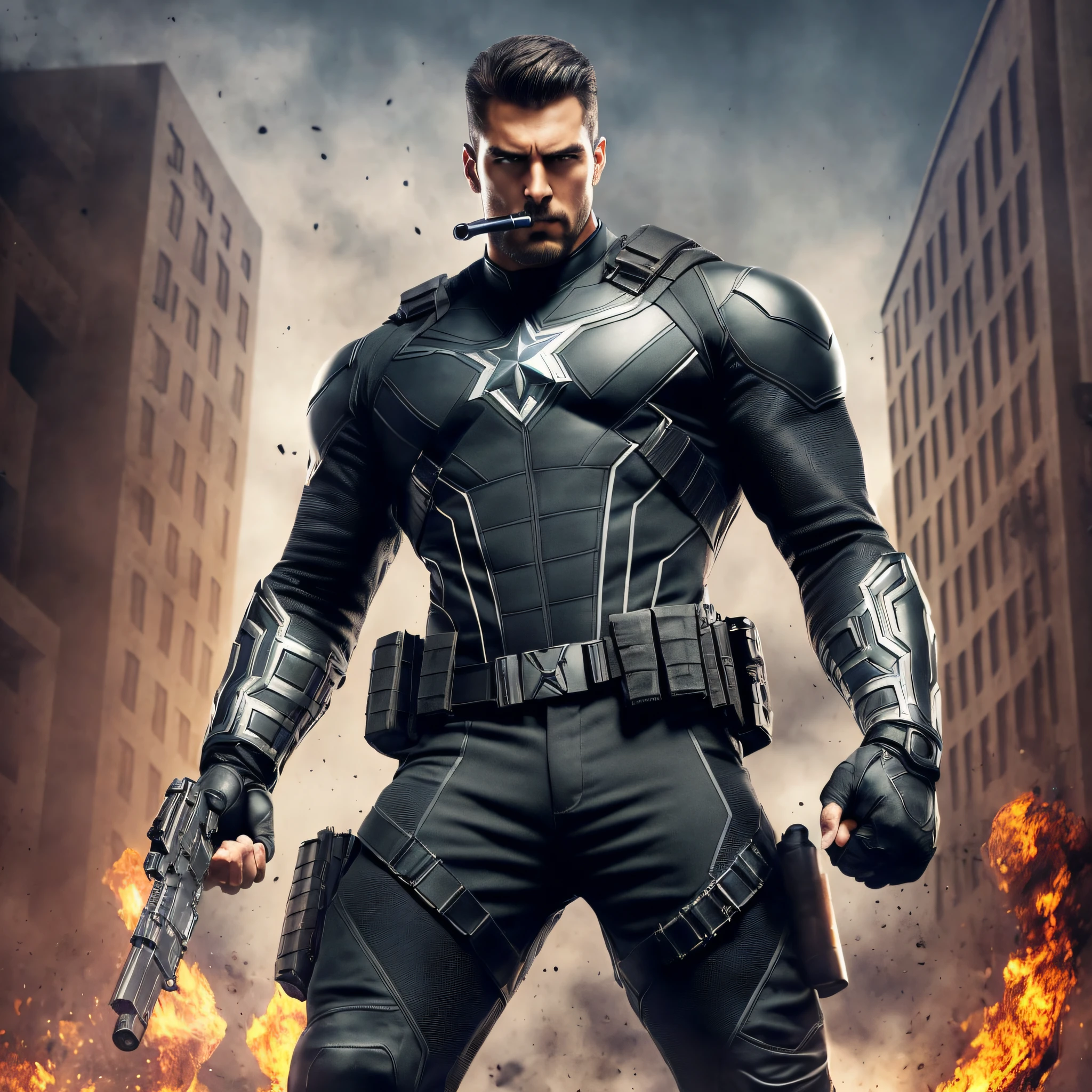 tall, strong, muscular man with my face (my face), NO MASK, vigilante, Marvel, BLACK MILITARY suit, black pants, skull on shirt, holding a gun (gun)(pistol), smoking cigarettes, bodies on the ground. (realistic photo) (perfect proportion) (best quality) (detailed) (High resolution) (8k) (full body :1.3) (HDR) (wallpaper) (cinematic lighting) (sharp focus) (intricate) --auto --s2