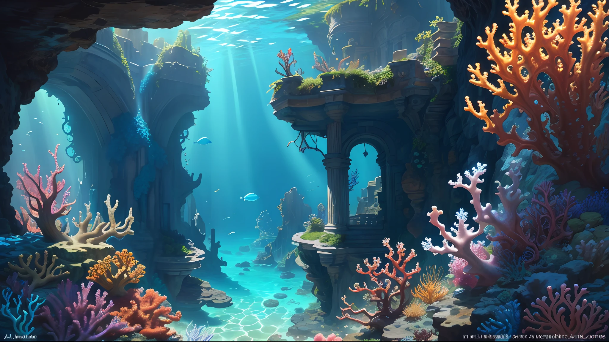 The underwater world of Atlantis, deep sea, epic reality, (hdr: 1.4), dappled sunlight, cool colors, ancient ruins, ocean-type houses full of design sense, deep-sea creatures, coral, fantastic and incredible, epic composition , (Complicated Detail), (Complicated Detail, Ultra Detail: 1.2), Art Station, (Masterpiece, Best Quality) --v 6