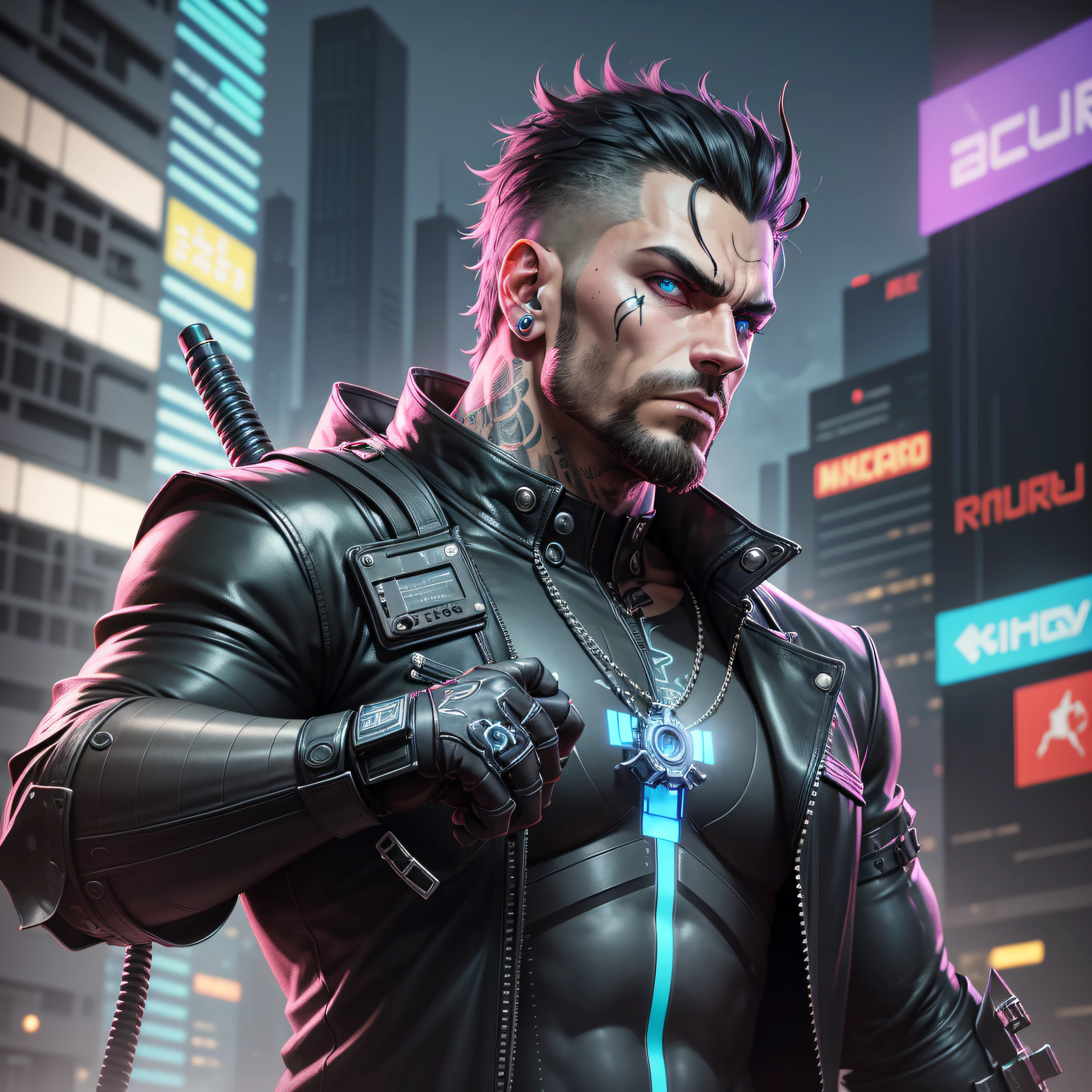 The image is concept art of a cyberpunk character, inspired by the style of Ernest Khalimov. The character is a muscular and imposing man with a horned head and a baseball bat in his hands. He has a serious and determined expression, looking at the horizon. He wears a black leather jacket, with metallic accents and neon lights. It has a bionic arm, with exposed wires and circuits. He also has tattoos and piercings on his face and body. The background of the image is a futuristic city, with tall buildings and full of screens and advertisements. The image has a dark and contrasting color palette, with shades of black, gray, red, and blue. The image is a high-quality 3D render with an impressive level of detail. The image resembles a badass anime or a painting by James Gurney., Futurism, cinematic lighting, UHD, anatomically correct, best quality, high details --auto --s2