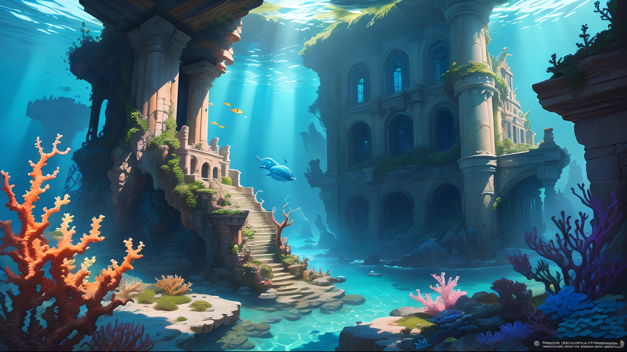 The underwater world of Atlantis, deep sea, epic reality, (hdr: 1.4), dappled sunlight, cool colors, ancient ruins, ocean-type houses full of design sense, deep-sea creatures, coral, fantastic and incredible, epic composition , (Complicated Detail), (Complicated Detail, Ultra Detail: 1.2), Art Station, (Masterpiece, Best Quality) --v 6