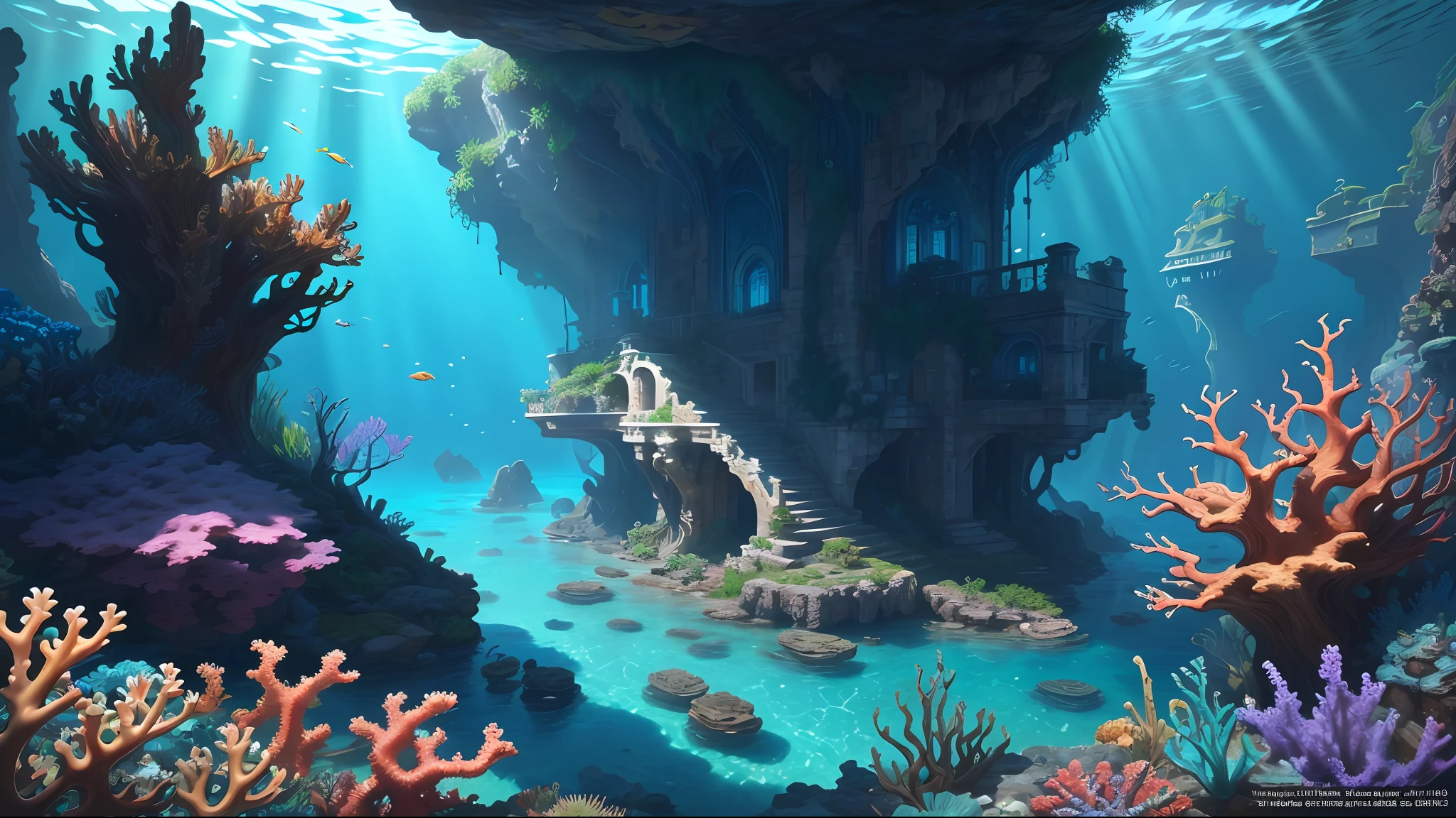 The underwater world of Atlantis, deep sea, epic reality, (hdr: 1.4), dappled sunlight, cool colors, ancient ruins, ocean-type houses full of design sense, deep-sea creatures, coral, fantastic and incredible, epic composition , (Complicated Detail), (Complicated Detail, Ultra Detail: 1.2), Art Station, (Masterpiece, Best Quality) --v 6