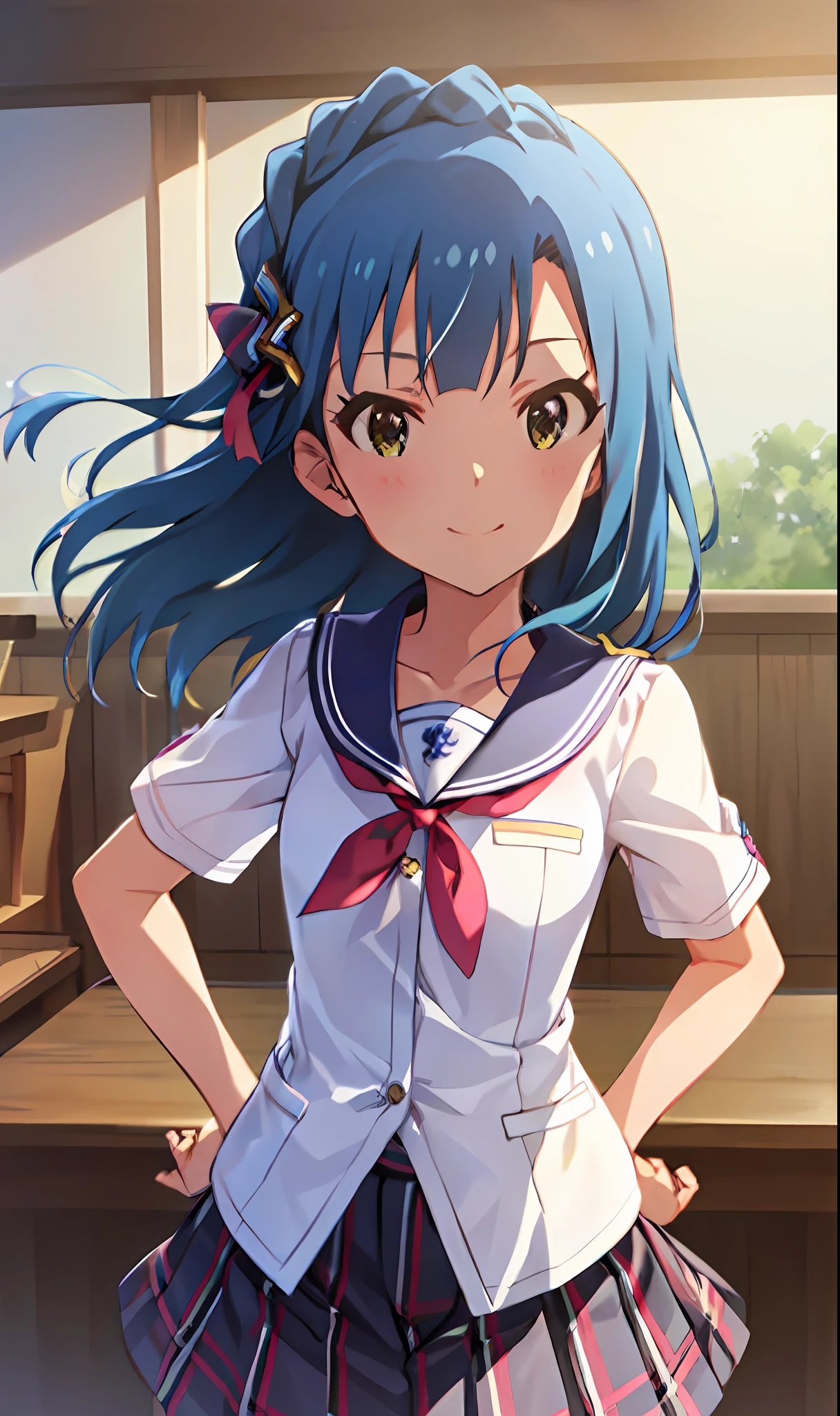 Yuriko Nanao (Million Live), (Top Quality, 8K, Masterpiece, Super Detail: 1.2), Cinematic Angle, Sun, Dappled Daylight, Blue Sky, Beautiful Clouds, Cityscape, Lens Flare, Glow, Light Particles, Wide Shot, 1 Girl, Solo, Skirt, Smile, Watch Audience, Sailor Color, Pleated Skirt, Short Sleeve, School Uniform, Blush, Serafuk, Clavicle, Ribbon, Upper Body, Adjusted Hair, Wind, Floating hair, hands on hips and chest out, looking straight ahead, looking at the camera.