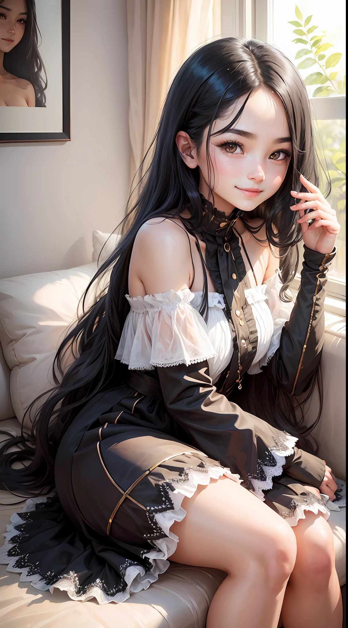 A 15-year-old girl, long black hair and almond eyes (wearing a modern dress), a captivating smile.