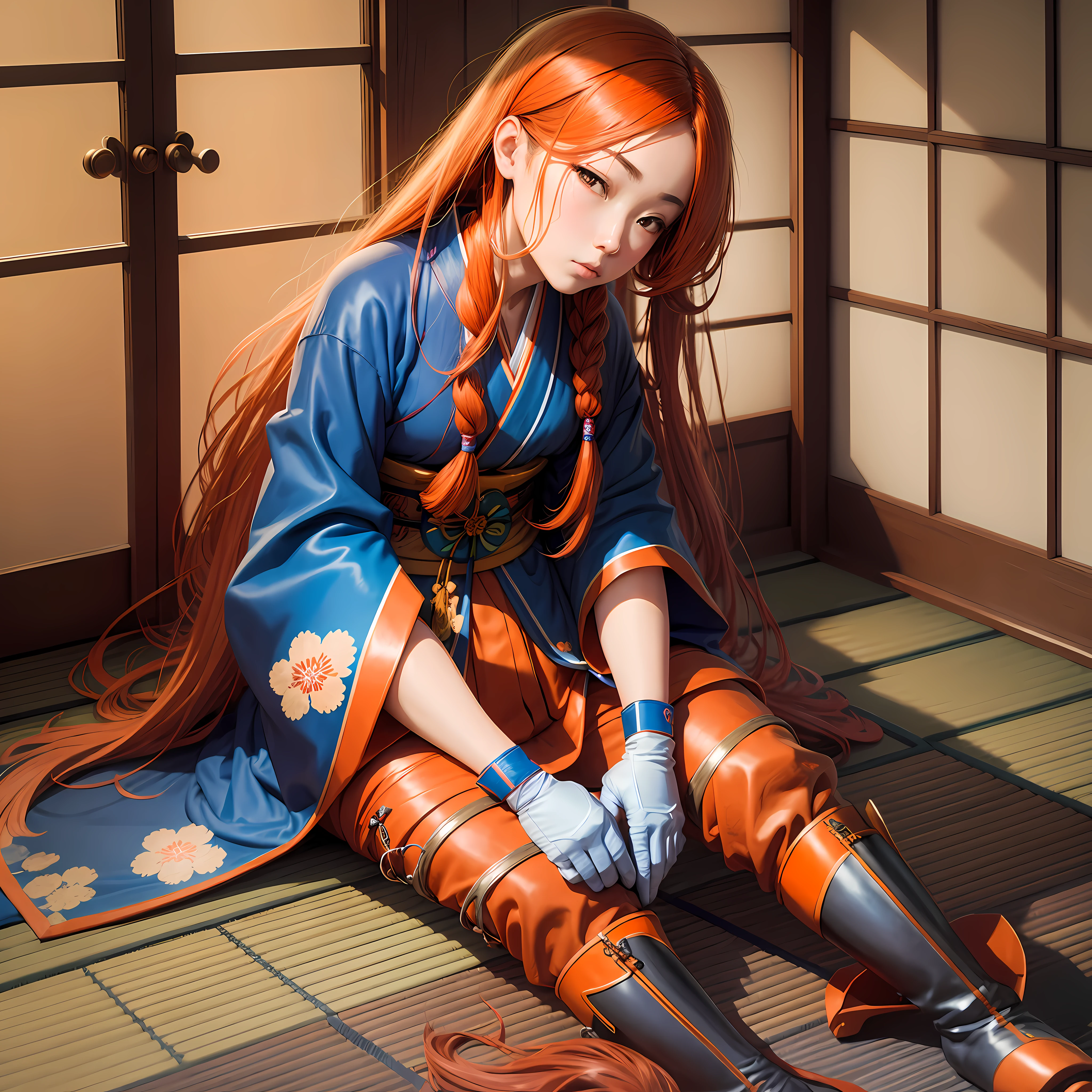 Japanese,Orange Long Hair,Blue Kimono,Japanese Room,Japan,Sitting,Boot,Gloves --auto --s2