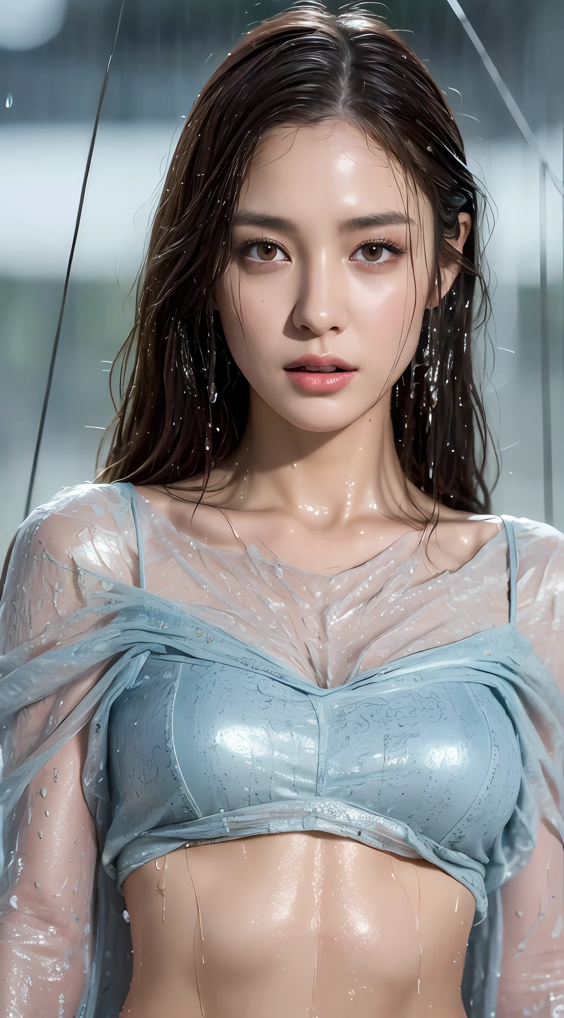 (Best quality, 4k, Masterpiece :1.3), pretty woman, 1girl, (breasts, skinny, gorgeous body :1.2), abs :1.1, dark brown hair: 1.1, (raining, rainy wet, wet body :1.2), ultra-detailed face, detailed lips, detailed eyes, double eyelid