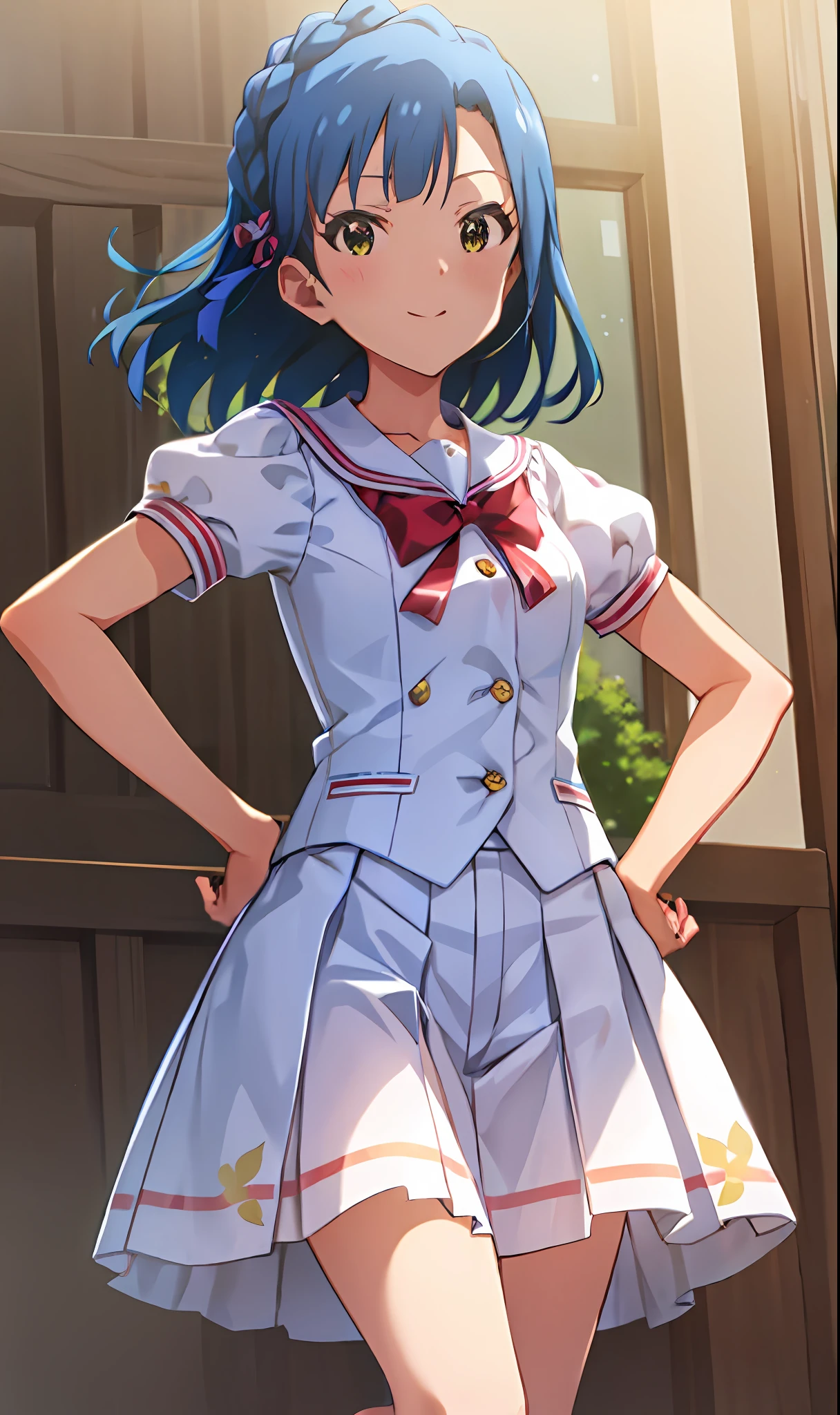 Yuriko Nanao (Million Live), (Top Quality, 8K, Masterpiece, Super Detail: 1.2), Cinematic Angle, Sun, Dappled Daylight, Blue Sky, Beautiful Clouds, Cityscape, Lens Flare, Glow, Light Particles, Wide Shot, 1 Girl, Solo, Skirt, Smile, Watch Audience, Sailor Color, Pleated Skirt, Short Sleeve, School Uniform, Blush, Serafuk, Clavicle, Ribbon, Upper Body, Adjusted Hair, Wind, Floating hair, hands on hips and chest out, looking straight ahead, looking at the camera.
