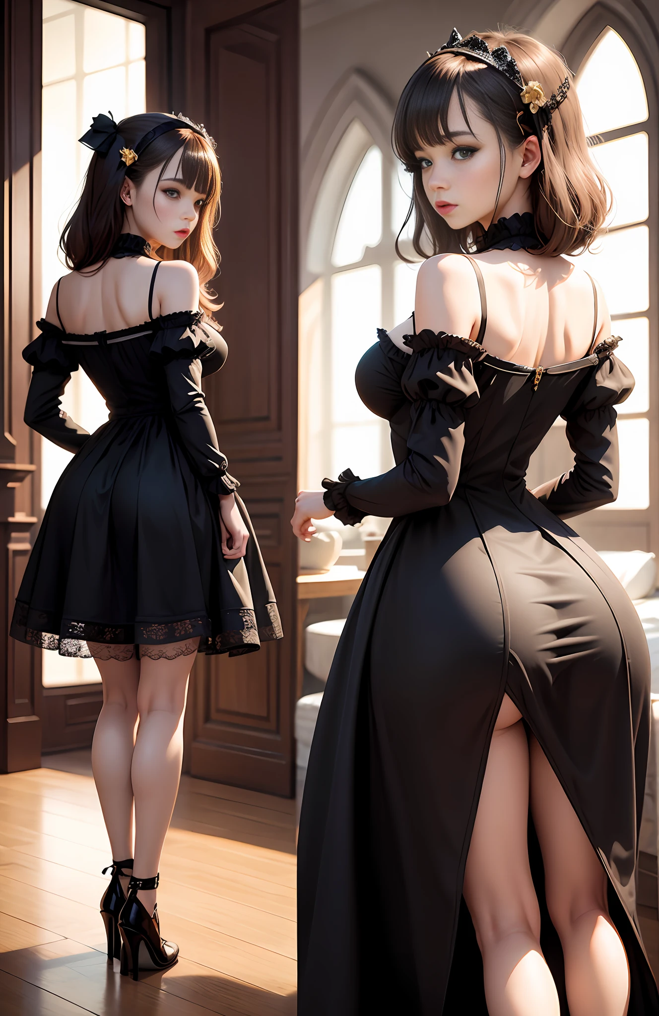masterpiece, best quality, 1girl, detailed ass view, cloth view, mutiple different views, fullbody, standing model pose, dress, indoor, ulzzang, (PureErosFace_V1:0.7)