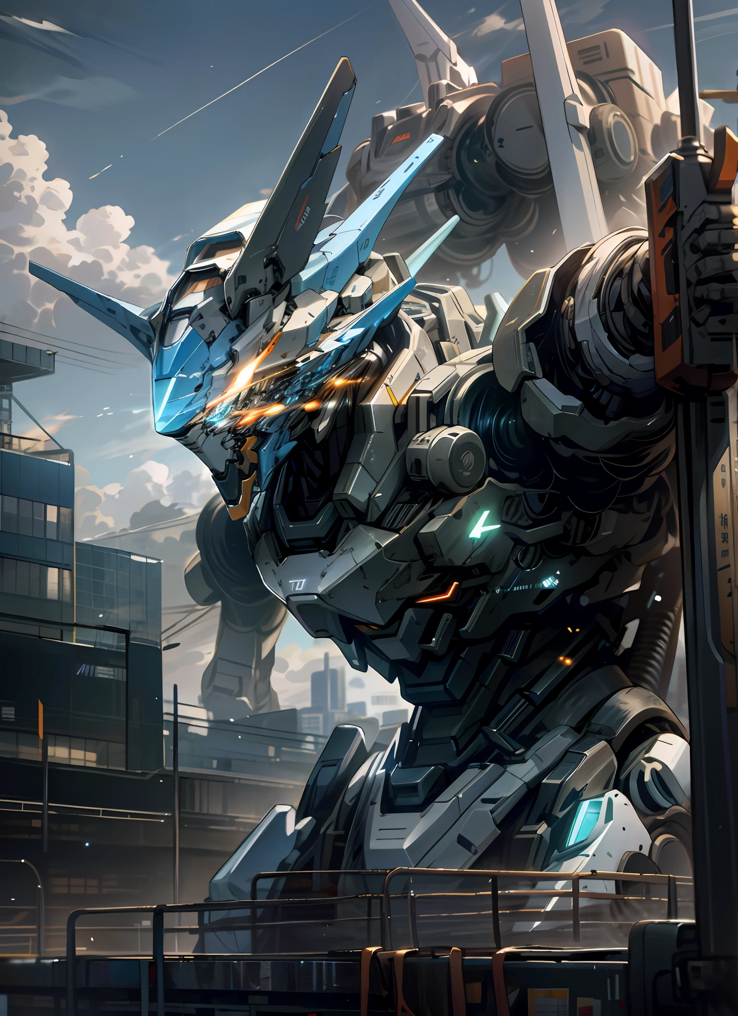 Sky, Clouds, holding_weapon, no_humans, Glow, Robot, Architecture, glowing_eyes, Mecha, Science Fiction, City, Reality, Mecha, Blue