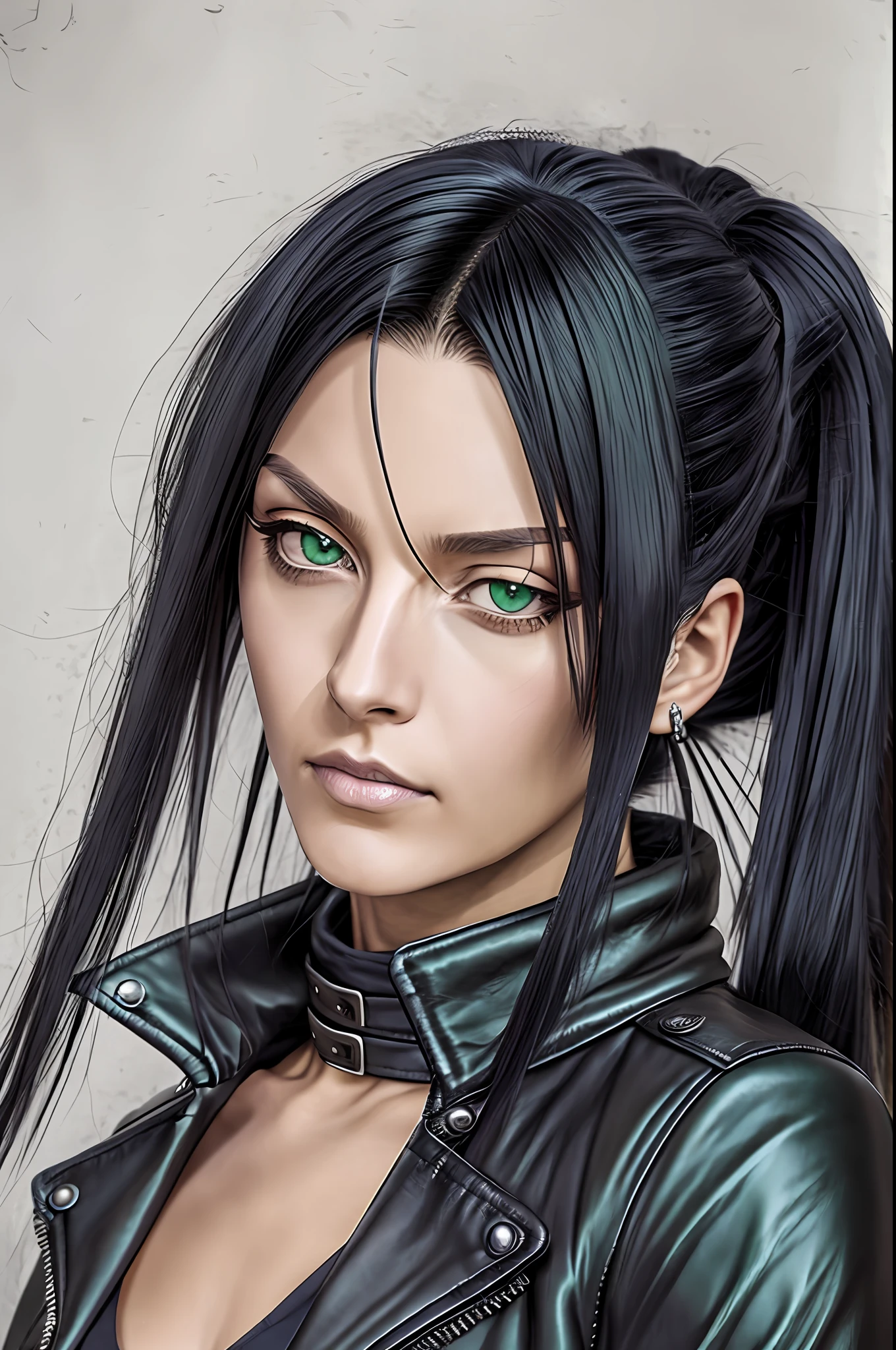 Unohana of Bleach, realistic style, green eyes, leather jacket, gothic, biker, sharp look