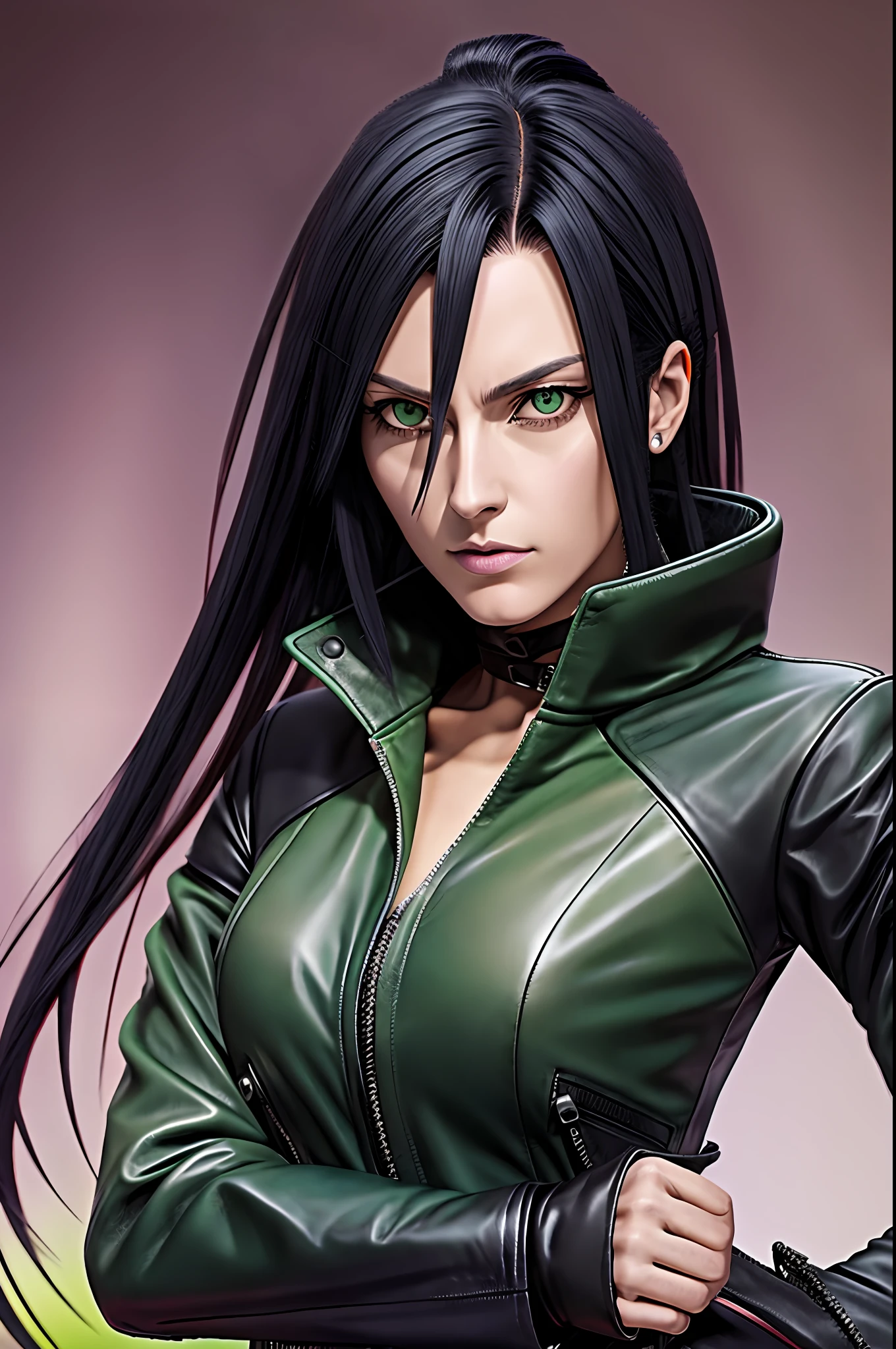 Unohana of Bleach, realistic style, green eyes, leather jacket, gothic, biker, sharp look