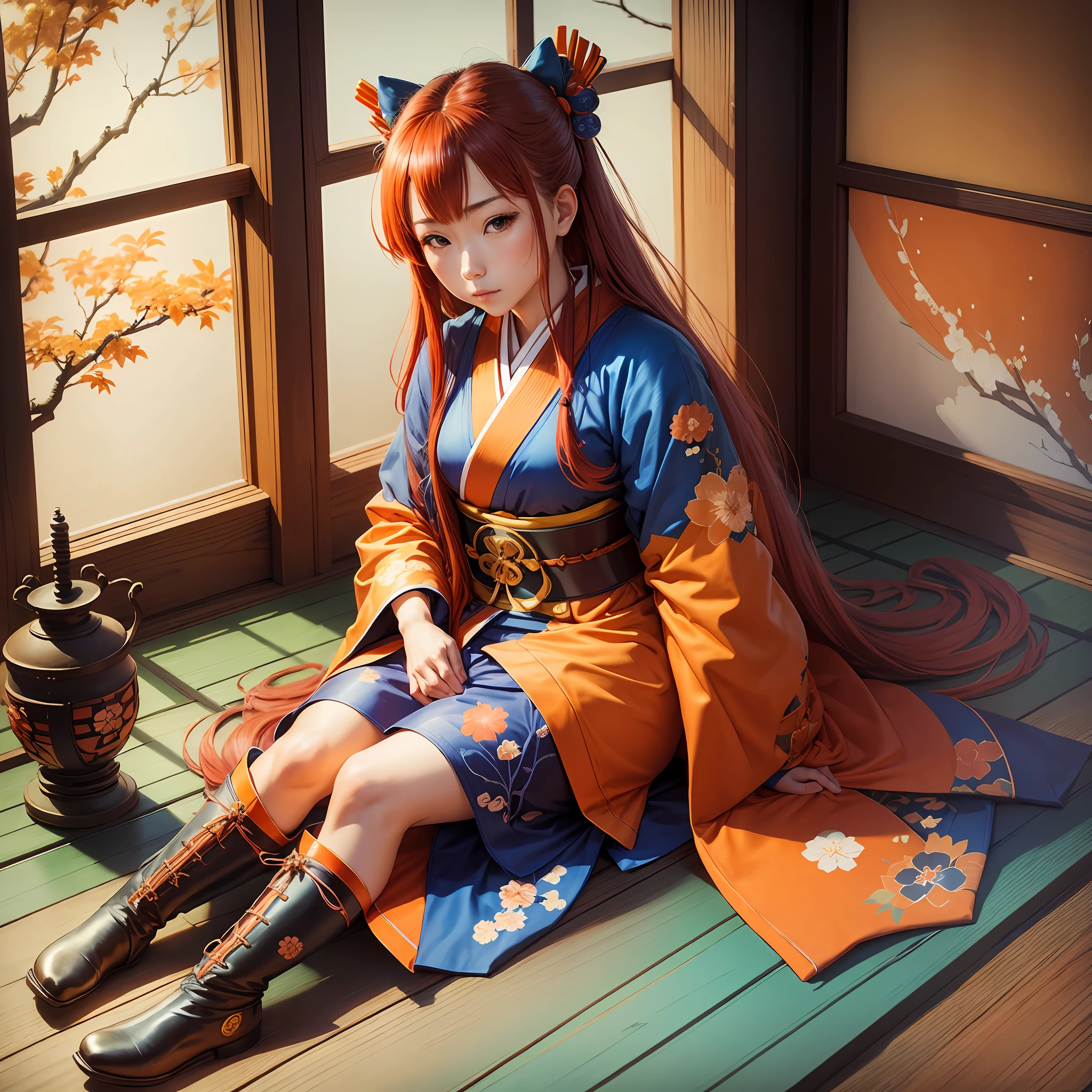 Japanese,Orange Long Hair,Blue Kimono,Japanese Room,Japan,Sitting,Boot,Gloves --auto --s2