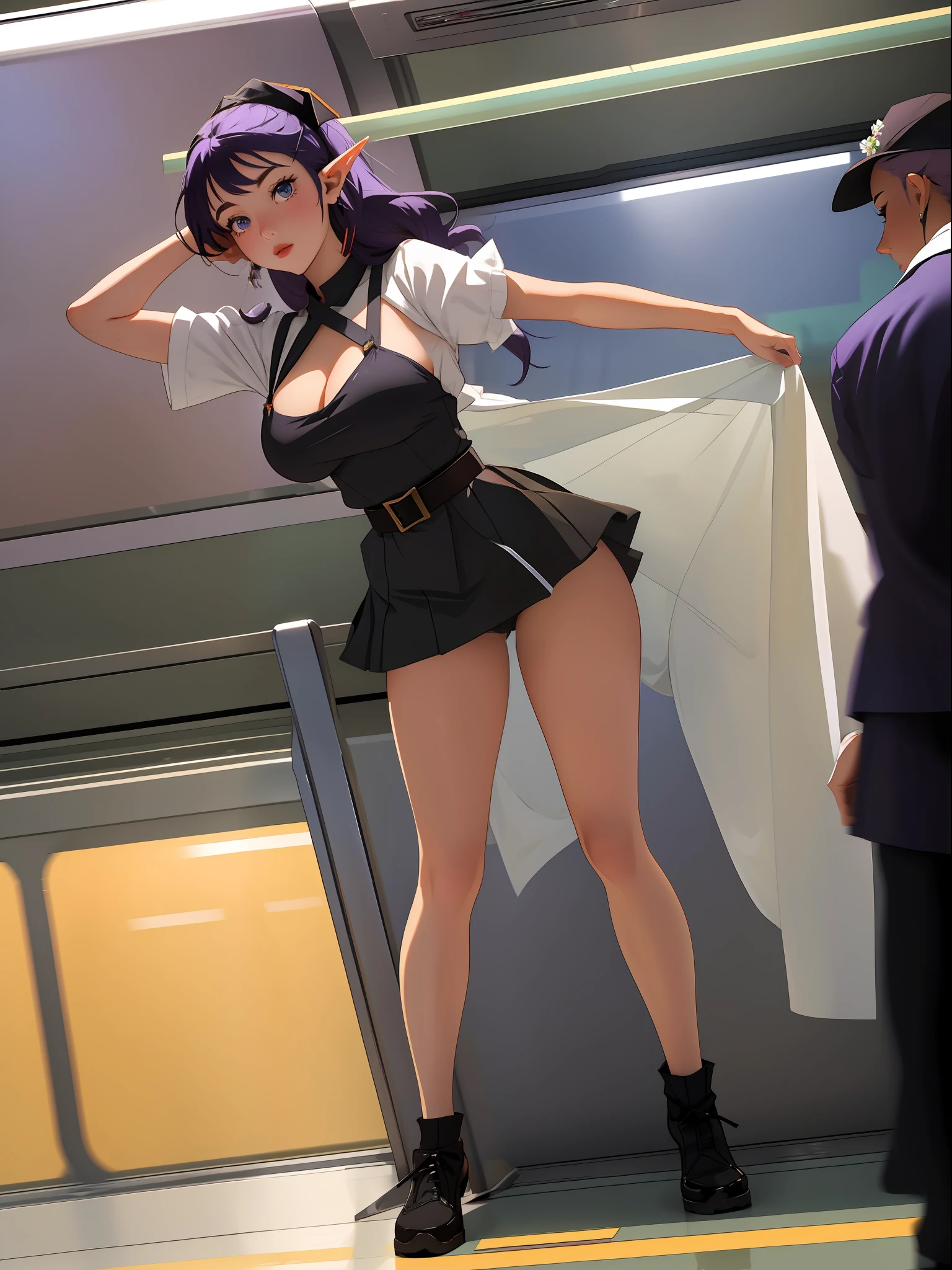 (Full body photo:2.0), (An 18-year-old Elf girl:1.5), (absurdly large breasts:1.5), (she's wearing pantless black maid attire with white apron:1.3), (she's inside a crowded train doing sexy poses:1.5), (extremely tight outfit on her body/very short outfit and pquena:1.5), (she has purple hair:1.3), (she has blue eyes:1.3), (She's/reddened cheeks:1.5), anime, anime, Realism, 16k, best quality, high details, UHD, masterpiece
