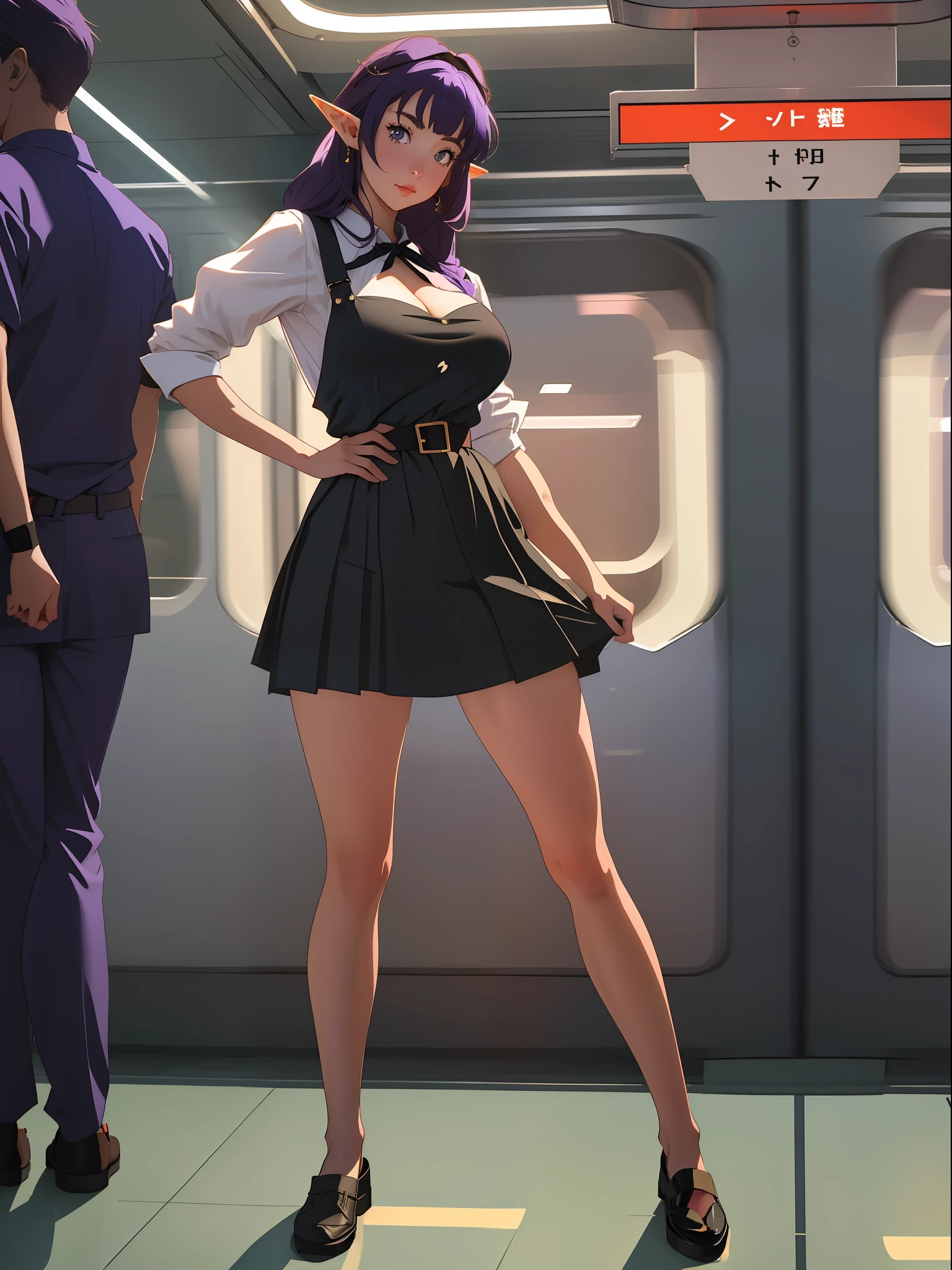 (Full body photo:2.0), (An 18-year-old Elf girl:1.5), (absurdly large breasts:1.5), (she's wearing pantless black maid attire with white apron:1.3), (she's inside a crowded train doing sexy poses:1.5), (extremely tight outfit on her body/very short outfit and pquena:1.5), (she has purple hair:1.3),  (she has blue eyes:1.3), (She's/reddened cheeks:1.5), anime, anime, Realism, 16k, best quality, high details, UHD, masterpiece