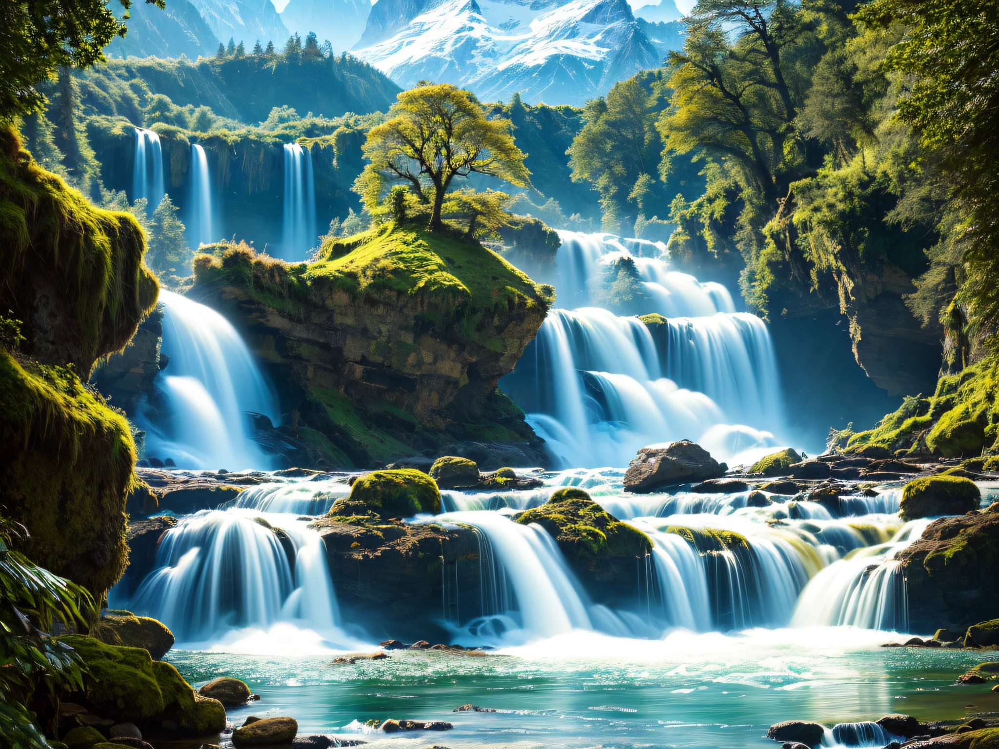 Chaotic rushing waterfalls in tranquil beautiful landscapes, ray tracing, detailed reflections, intricacies, high detail, drama, masterpieces of the best quality, photorealistic realism, detail, 8k, HDR, backlight, halo, flash, chromatic aberration, sharp focus