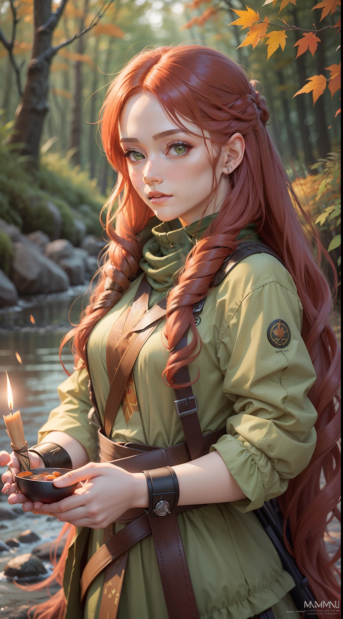 Long-haired red-haired girl with green eyes and a bag of arrows on the shore in a forest on autumn night, candlelight around beautiful portrait of Nami, 8K Artgerm bokeh, Katniss Everdeen cosplay, anime. natural soft lighting, a bridge, waist-thin, hyper realistic anime, lived, five fingers