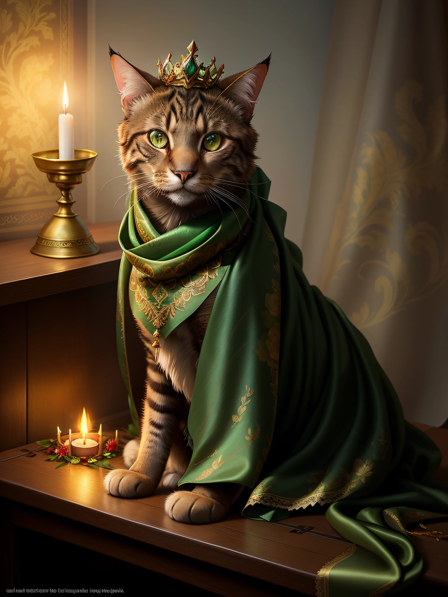 there is a elegant cat adorned with a floral crown and a flowing silk scarf, with eyes as green as emeralds, majesty in noble floral crown and a flowing silk scarf, elegant cat, wearing a floral crown and a flowing silk scarf, with a a floral crown and a flowing silk scarf, adorned with a floral crown and a flowing silk scarf, cattie - brie of mithril hall, by Cynthia Sheppard, adorned with a floral crown and a flowing silk scarf, adorned with a floral crown and a flowing silk scarf, inspired by Master of the Legend of Saint Lucy