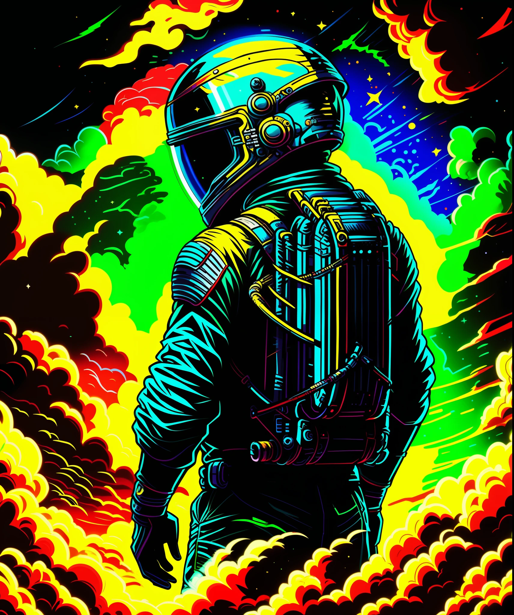 A cartoon astronaut, facing the camera, without showing the face, chromatic colors, drawing and cartoon.