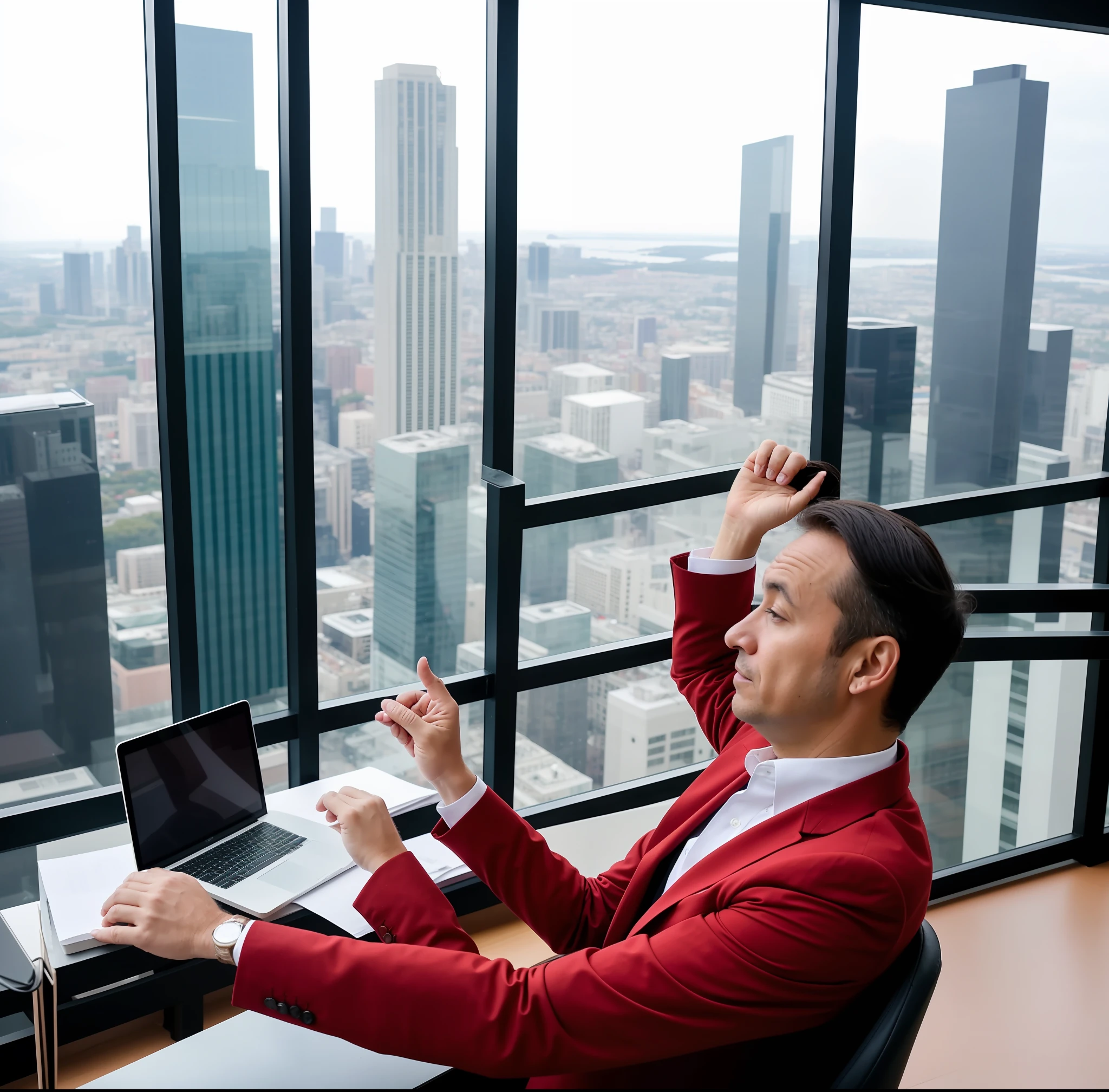 Executive, 40 years old, operating at a day trade table, in a tall building, with a panoramic view, hand on head, face of despair, looking at the screen, with descending graphics, in red