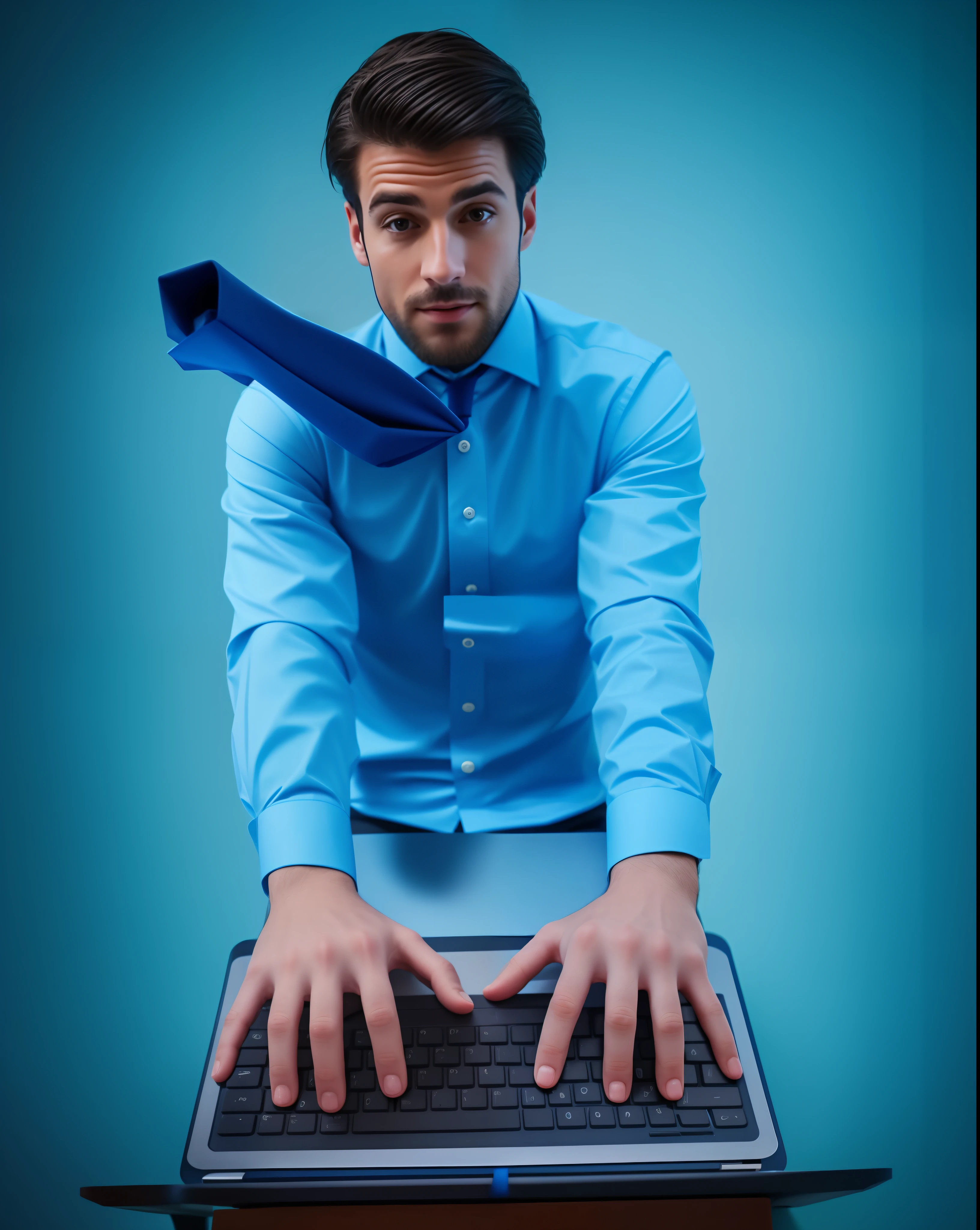 a man in a blue shirt and tie is typing on a laptop computer, sitting at desk at keyboard, sitting at a computer, wearing a shirt with a tie, sitting at a computer desk, in front of a computer, sitting in front of computer, using his desktop pc, sitting at desk, istockphoto, sitting at a desk