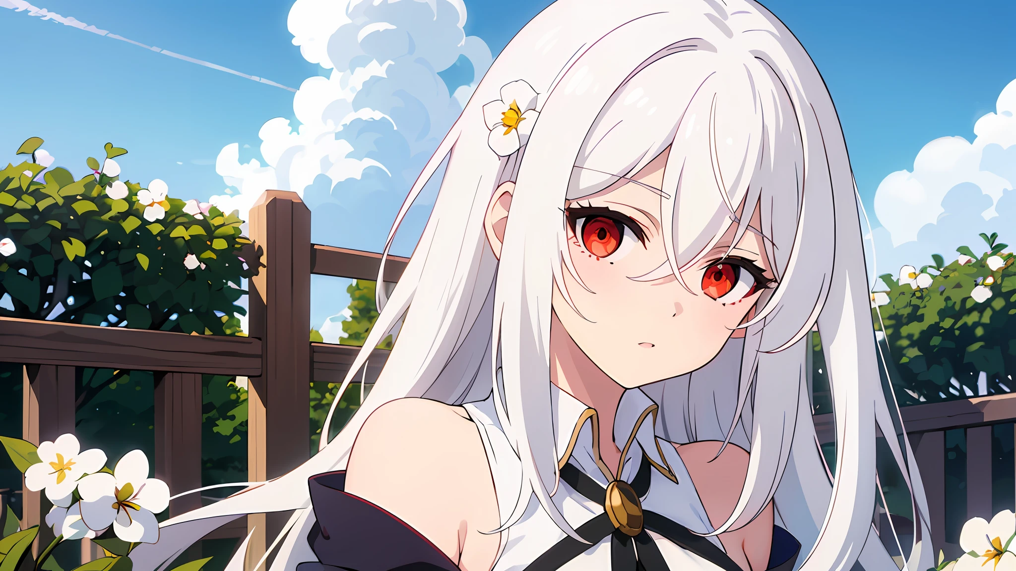 (masterpiece, best quality), ((1girl, (mature), Ninym Ralei, ), (white hair, beautiful hair), (red eyes, beautiful eyes, eye highlights, sharp eyes), (looking at the viewer, white flowers)), ((sky, clouds), fence), (highres, chromatic aberration), (),