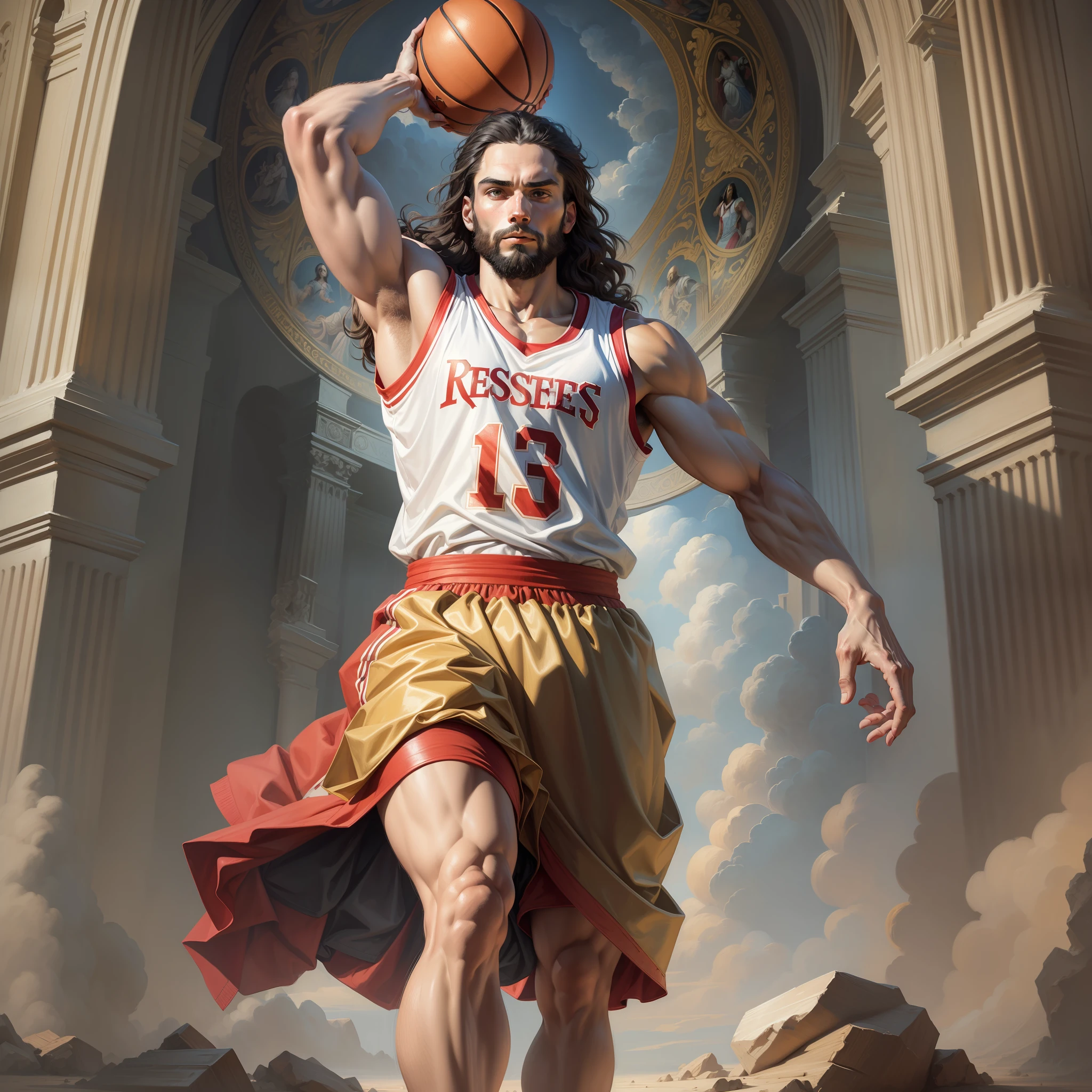 "Draw several illustrations of the theme Jesus Christ street basketball player in high resolution with Renaissance art style full body medium ditancia along with his dicipulos, quality: 8k, detailed"