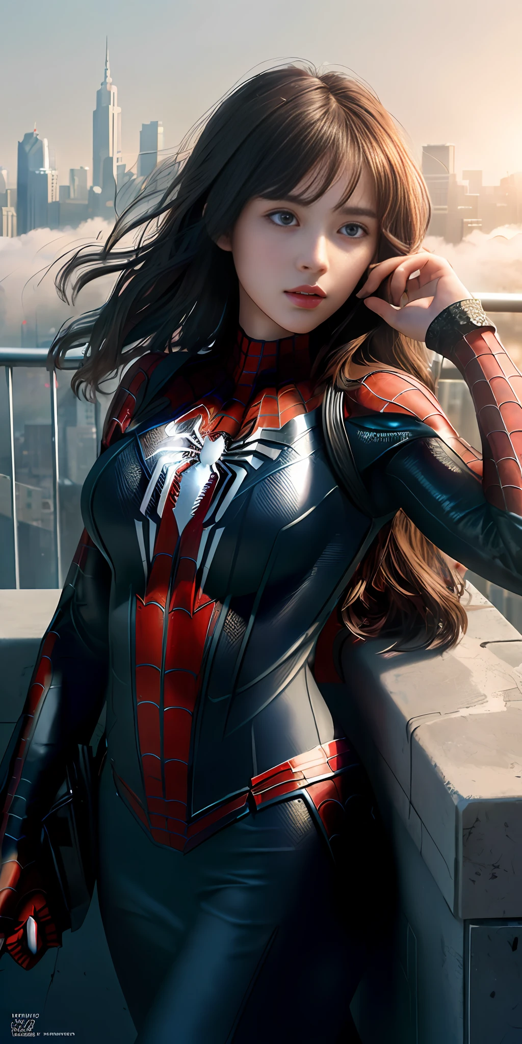 (1 girl:1.3), Solo, (((Highly detailed face)))), ((Highly detailed eyes and face)))), Beautiful detailed eyes, Body parts__, official art, unified 8k wallpaper, ultra detailed, beautiful and beautiful, beautiful, masterpiece, best quality, original, masterpiece, ultra fine photography, best quality, ultra high definition, realistic realism, sunlight, full body portrait, amazing beauty, Dynamic pose, delicate face, vivid eyes, (from the front), she is in a spider-man suit, red and black color scheme, spider, highly detailed city roof background, rooftop, overlooking the city, detailed face, detailed complex busy background, messy and gorgeous milky white, highly detailed skin, realistic skin details, visible pores, clear focus, volumetric fog, 8k UHD, DSLR, high quality, Film grain, fair skin, photorealism, lomography, futuristic dystopian megalopolis, translucent, (big breasts)