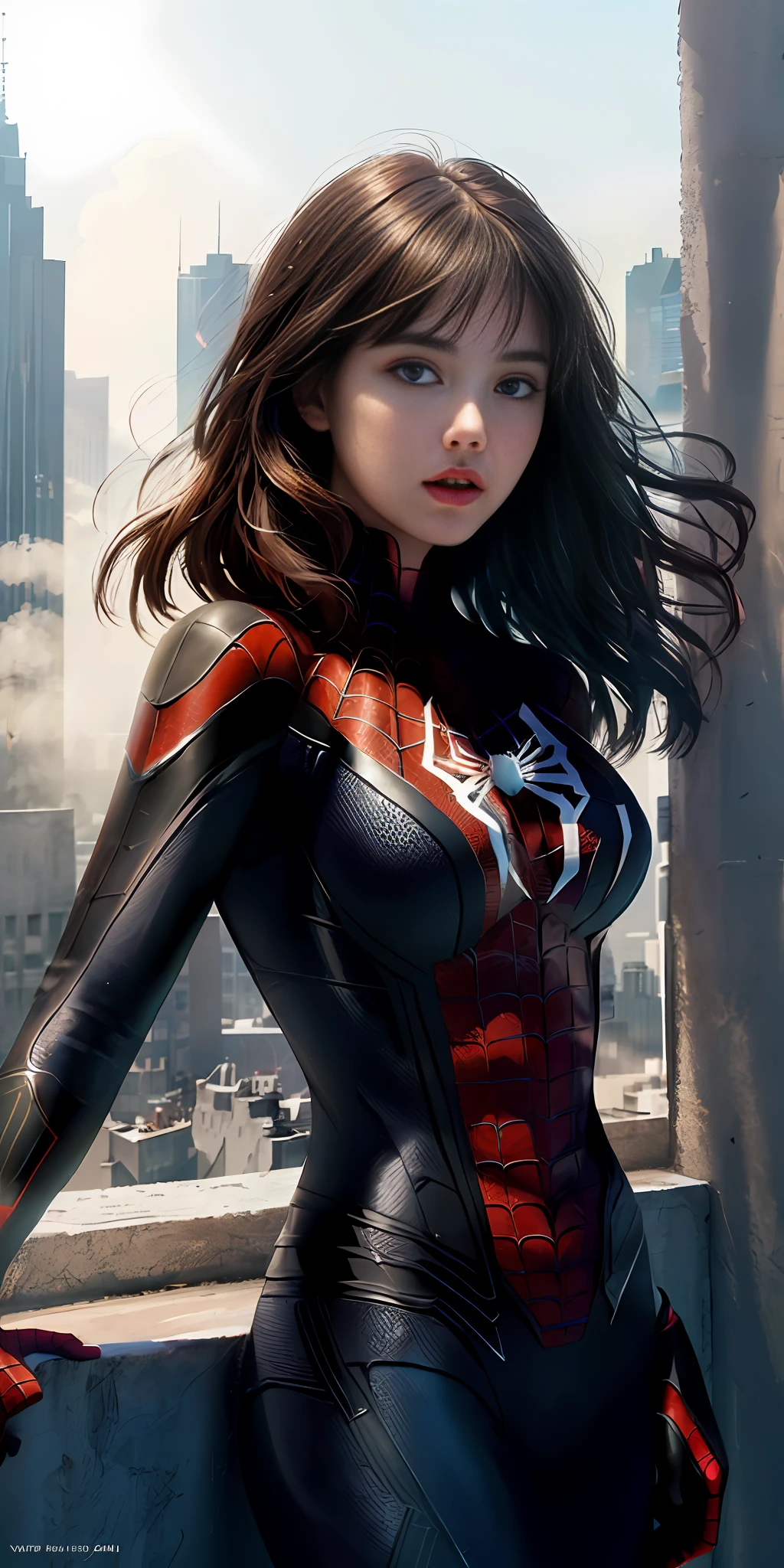 (1 girl:1.3), Solo, (((Highly detailed face)))), ((Highly detailed eyes and face)))), Beautiful detailed eyes, Body parts__, official art, unified 8k wallpaper, ultra detailed, beautiful and beautiful, beautiful, masterpiece, best quality, original, masterpiece, ultra fine photography, best quality, ultra high definition, realistic realism, sunlight, full body portrait, amazing beauty, Dynamic pose, delicate face, vivid eyes, (from the front), she is in a spider-man suit, red and black color scheme, spider, highly detailed city roof background, rooftop, overlooking the city, detailed face, detailed complex busy background, messy and gorgeous milky white, highly detailed skin, realistic skin details, visible pores, clear focus, volumetric fog, 8k UHD, DSLR, high quality, Film grain, fair skin, photorealism, lomography, futuristic dystopian megalopolis, translucent, (big breasts)