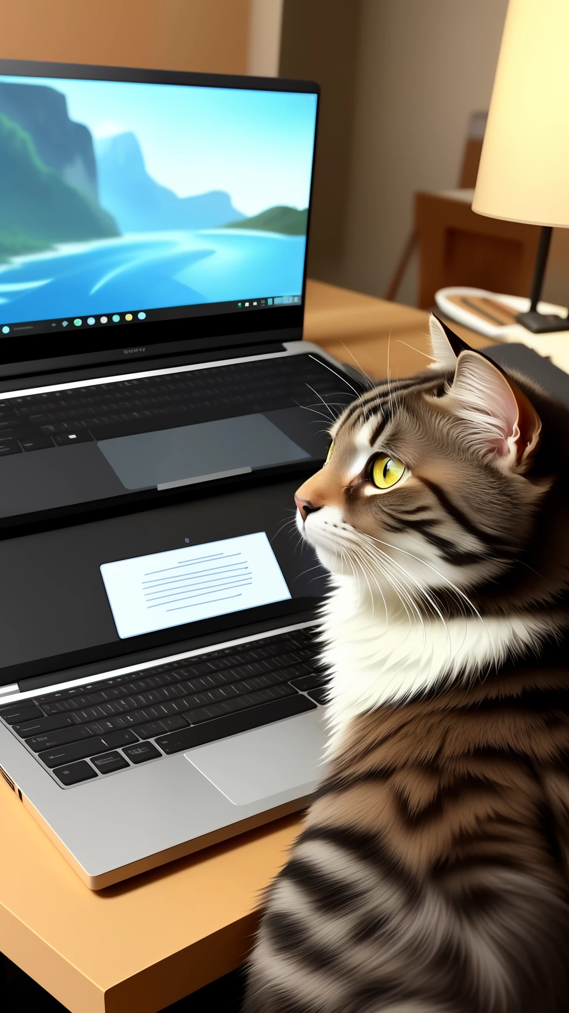 there is a cat that is looking at a laptop, cat at the table, in front of a computer, looking away from the camera, looking at butterfly, whiskers, looking distracted, sitting at his desk, at a table, proud looking away, looking contented, looking away, is looking at a butterfly, focused on the neck, in a study room, a laptop, drawing, art, fantasy, realistic