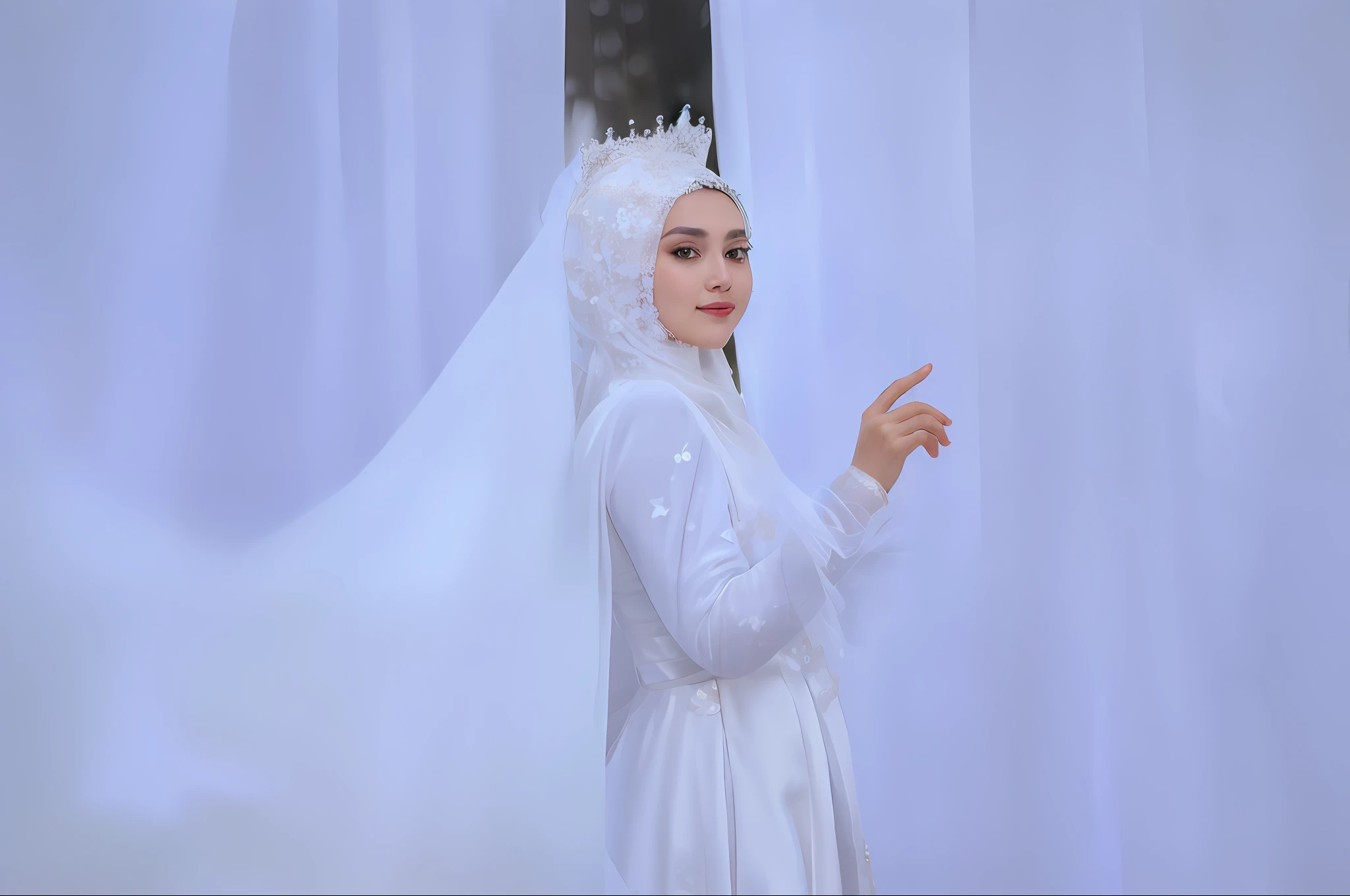 there is a woman in a white dress and a veil, white hijab, a beautiful woman in white, captured on canon eos r 6, shot on canon eos r5, shot on canon eos r 5, wearing a wedding dress, white gown, in front of white back drop, white regal gown, white veil, portrait shot