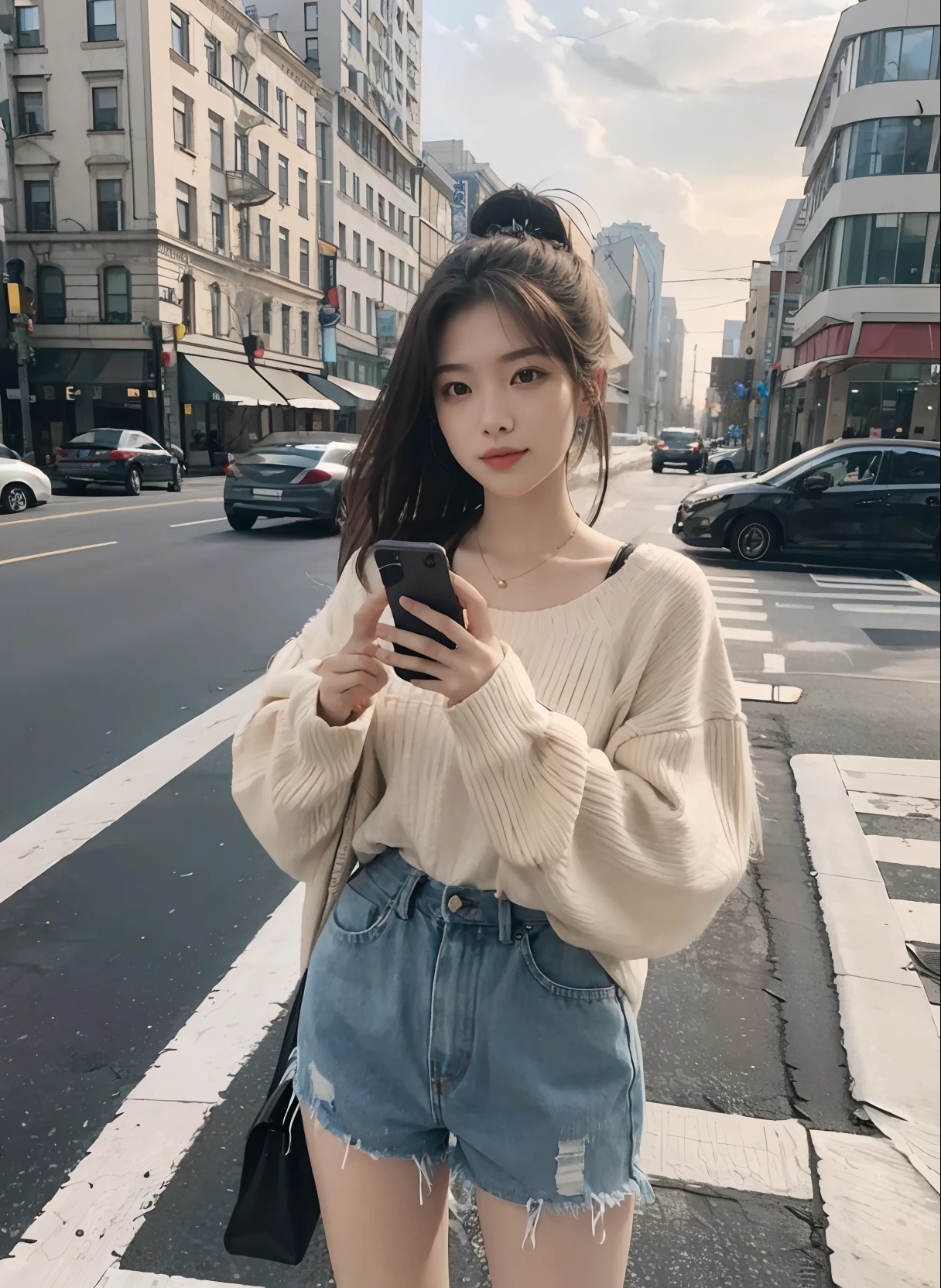 Beautiful woman, fiddling with cell phone in the middle of the street, short clothes