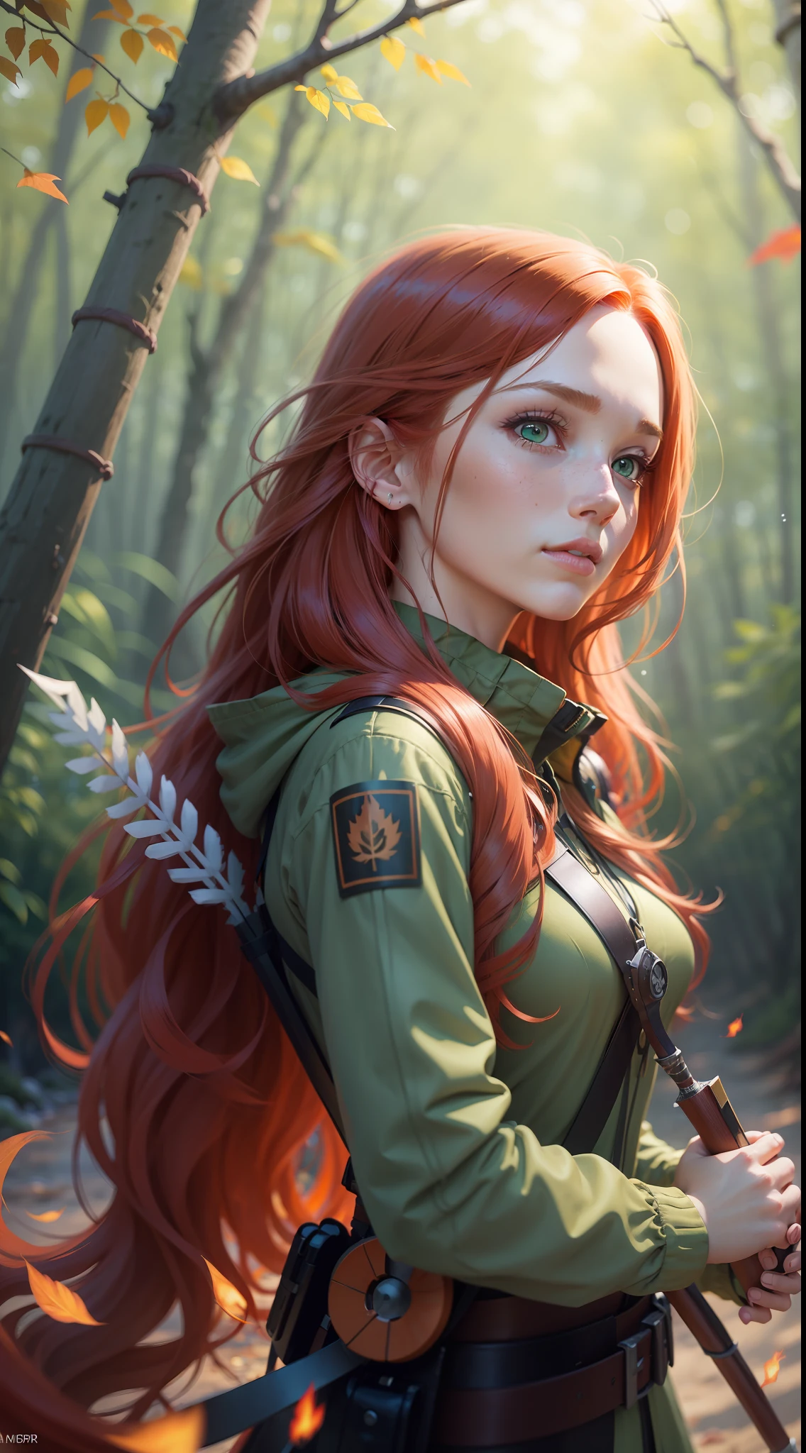 Red-haired girl with long hair, on fire, green eyes and a bag of arrows on the shore in a forest on autumn night, candlelight around beautiful portrait of Nami, 8K Artgerm bokeh, Katniss Everdeen cosplay, anime. natural soft lighting, a bridge, waist-thin, hyper realistic anime, lived, five fingers