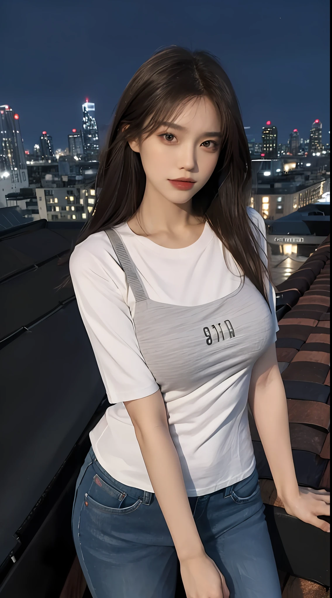 ((Midnight, Best quality, 8k, Masterpiece :1.3)), Whole body, Long legs, Sharp focus :1.2, A pretty woman with perfect figure :1.4, Slender abs :1.1, ((Dark brown hair, Big breasts :1.2)), (White tight tshirt, Jean bib, Standing:1.2), ((Night city view, Rooftop:1.3)), Highly detailed face and skin texture, Detailed eyes, Double eyelid, no clothes