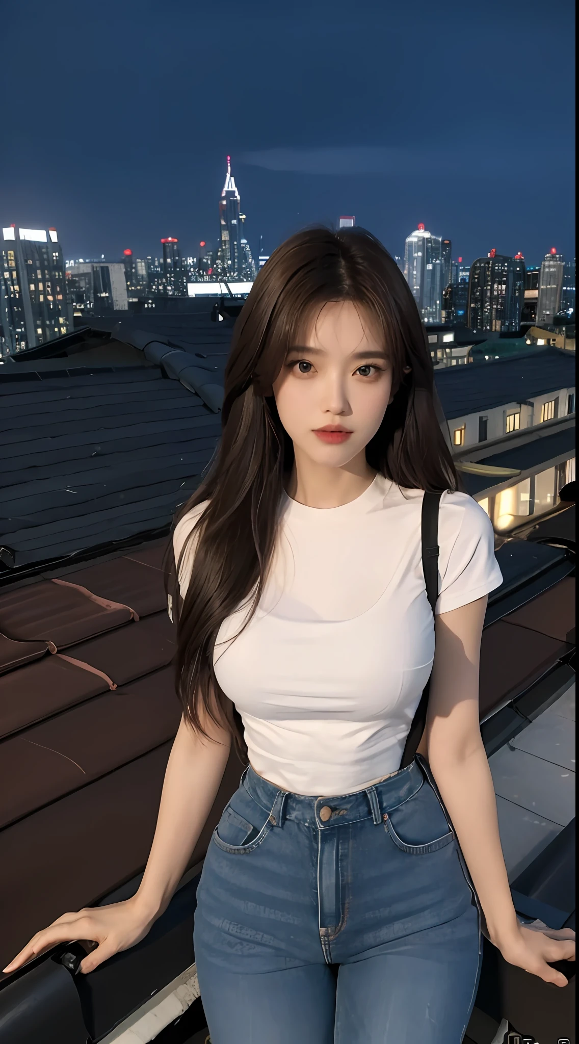 ((Midnight, Best quality, 8k, Masterpiece :1.3)), Whole body, Long legs, Sharp focus :1.2, A pretty woman with perfect figure :1.4, Slender abs :1.1, ((Dark brown hair, Big breasts :1.2)), (White tight tshirt, Jean bib, Standing:1.2), ((Night city view, Rooftop:1.3)), Highly detailed face and skin texture, Detailed eyes, Double eyelid, no clothes