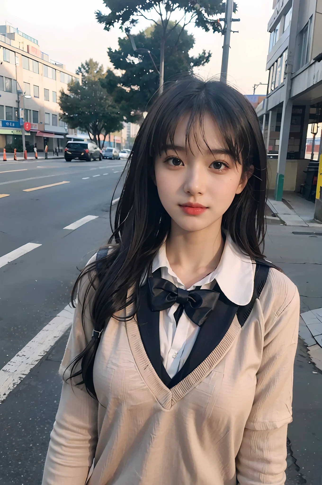 k resolution), (RAW photo), (best quality), (masterpiece: 1.5), (photorealistic: 1.5), (photorealistic)), vibrant detail, ultra-realistic, 1girl, (cute: 1.2)((school uniform)), (((jk)))), road, intersection, big breast,