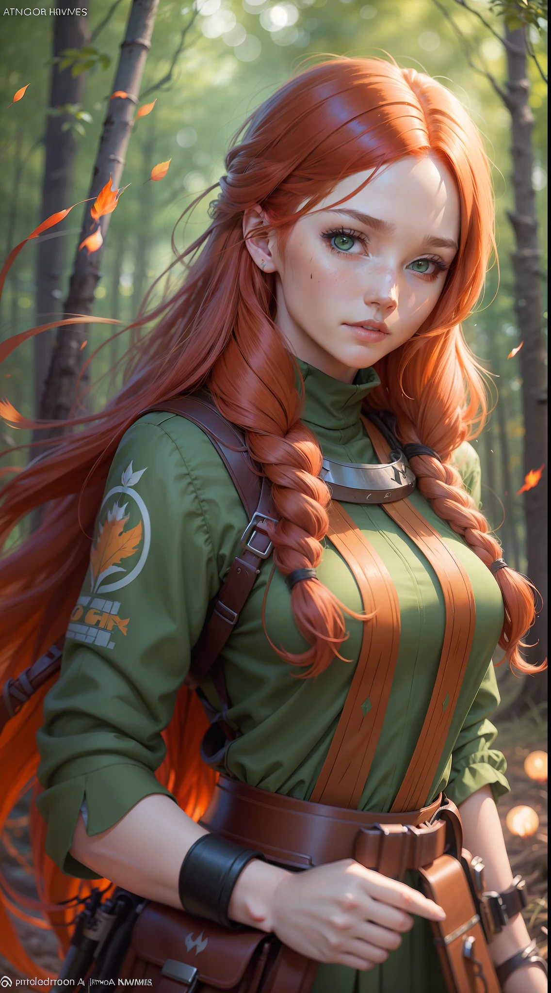 Red-haired girl with long hair, on fire, green eyes and a bag of arrows on the shore in a forest on autumn night, candlelight around beautiful portrait of Nami, 8K Artgerm bokeh, Katniss Everdeen cosplay, anime. natural soft lighting, a bridge, waist-thin, hyper realistic anime, lived, five fingers