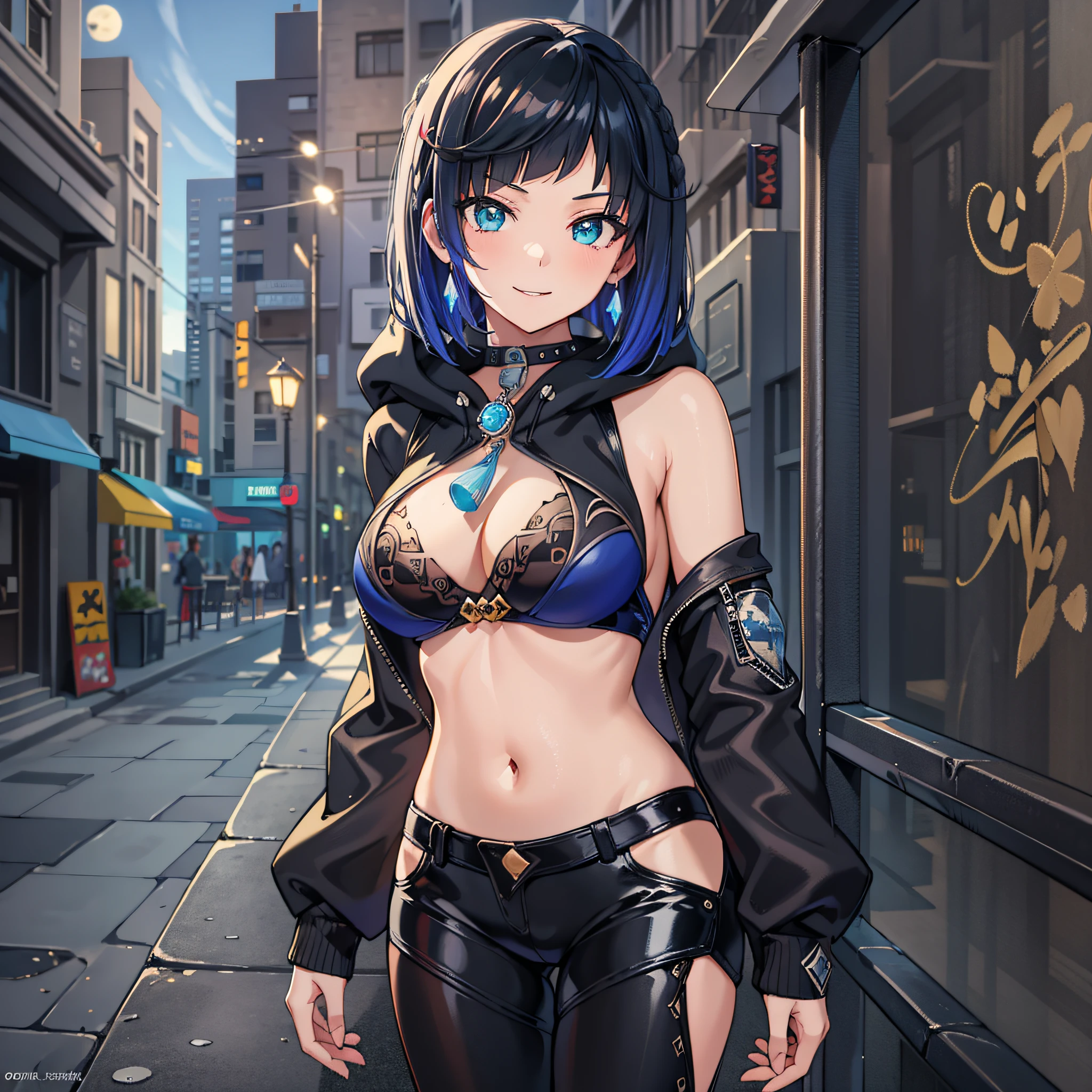 detailed background, masterpiece, best quality, smile, ornament, hoodie, portrait, beach, graffiti, darkness, night, glowing eyes, huge moon, upper bikini, lower leather pants, black and blue gradient hair, short hair, charming eyes, hands behind your back