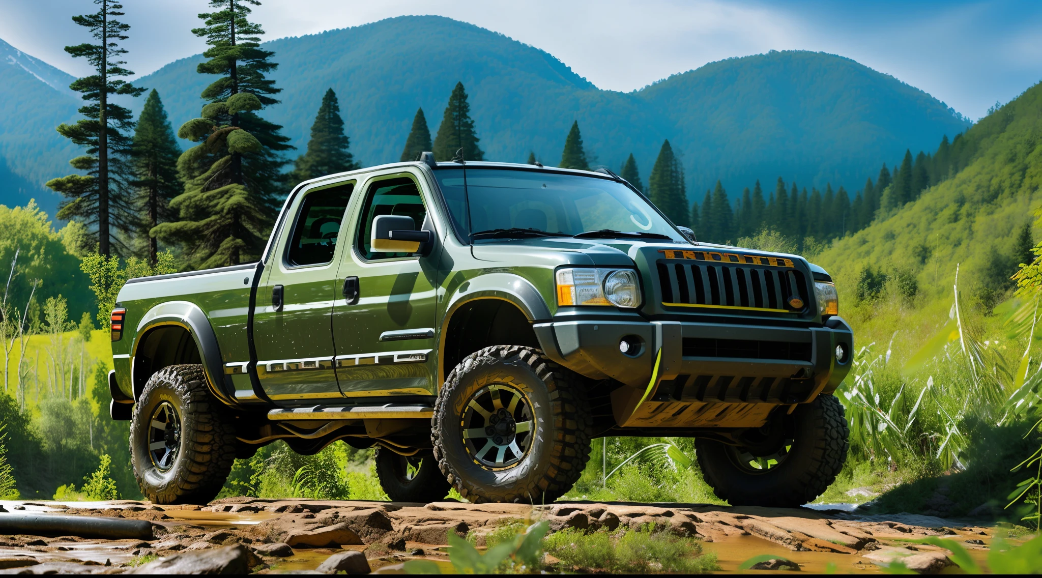 (detailed description) (best quality) Frontier pickup truck 2004 white double cab with off road equipment, mile headlights in a hack ho roof, large wheels for mud and bumpers robust and strong, with winch in front in mountain landscape and tall trees on one side, moving image, leaving the background a little blurry