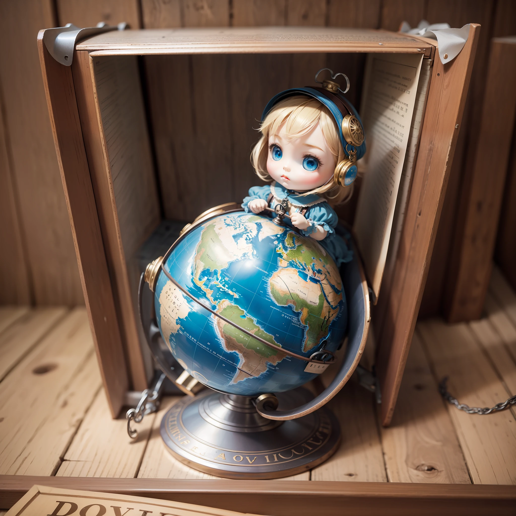 a globe, a cart, a doll, postcards, keychains, photo for cover --auto --s2