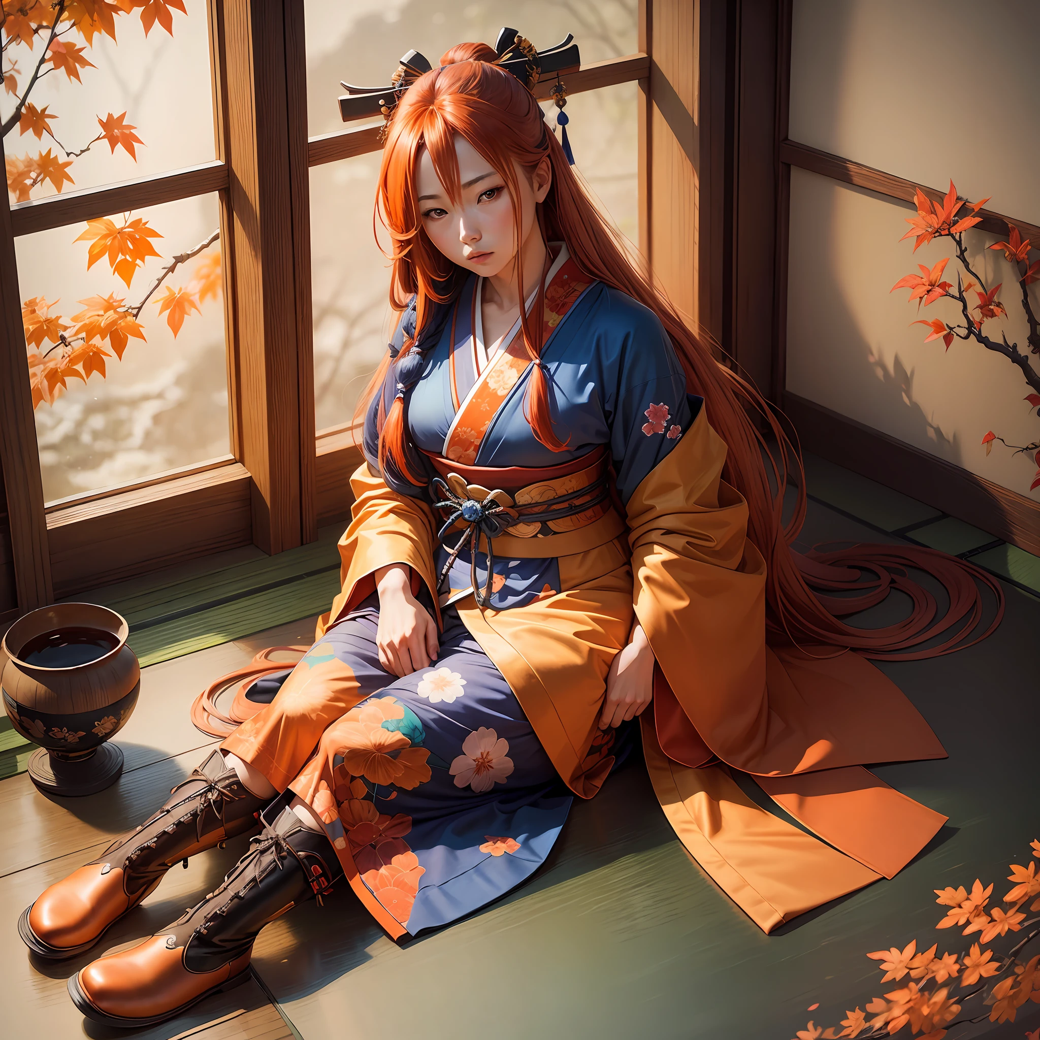 japanese,long hair orange,blue kimono,japanese room,japan,sitting,boot,with flowing hair, hyper realistic, masterpiece, photorealistic, --auto --s2