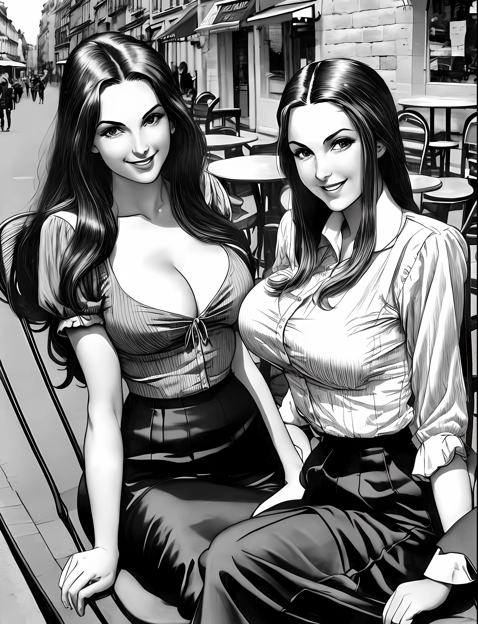 Bill Ward's art, illustrations, pretty girls, long hair, perfect glass hour body, huge breasts, super small waist, vintage tight sexy skirt, distinctly feminine features, smile, sitting in a street café in Paris over coffee