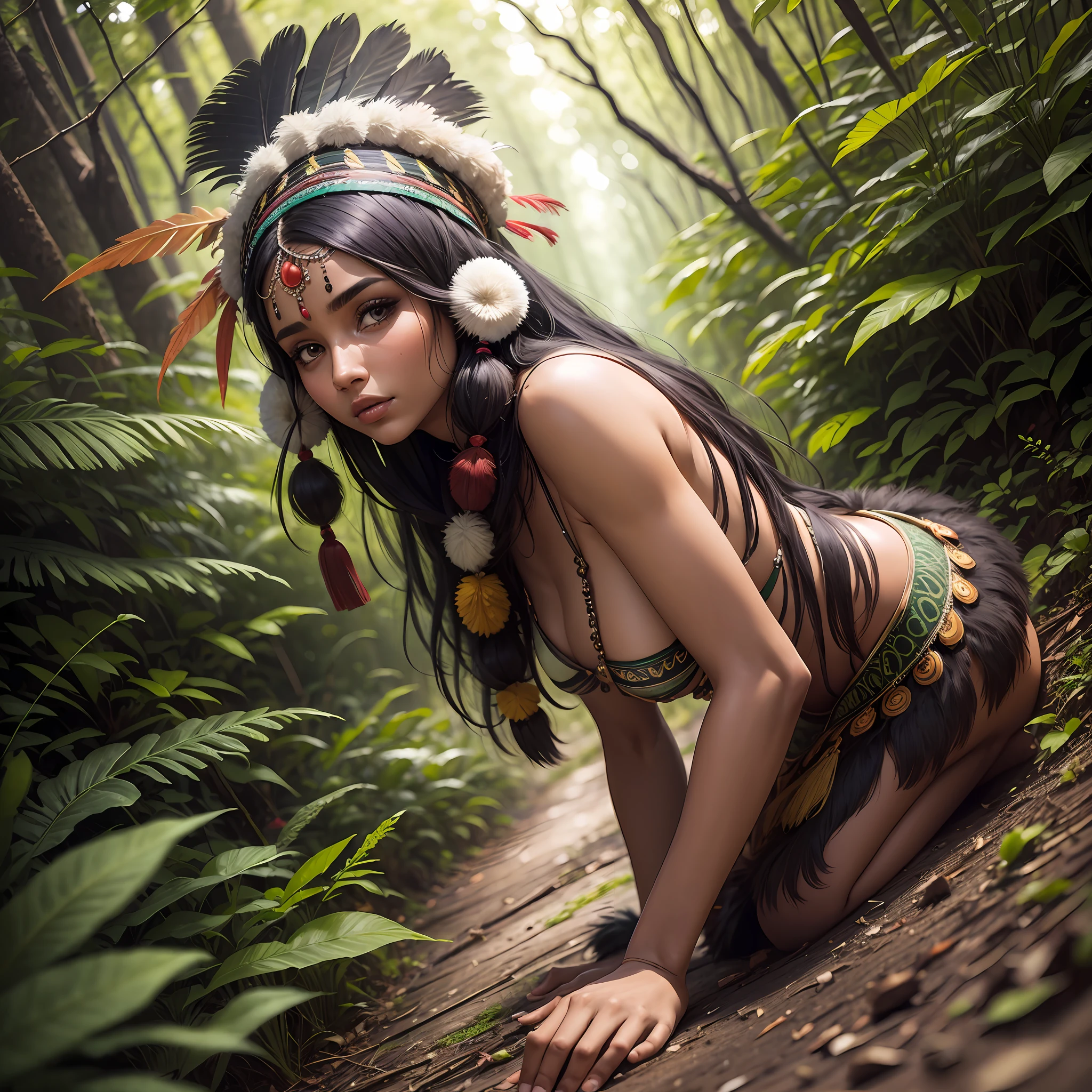 25-year-old woman, Brazilian Indian, forest bottom at dusk, wearing a feather headdress --auto --s2