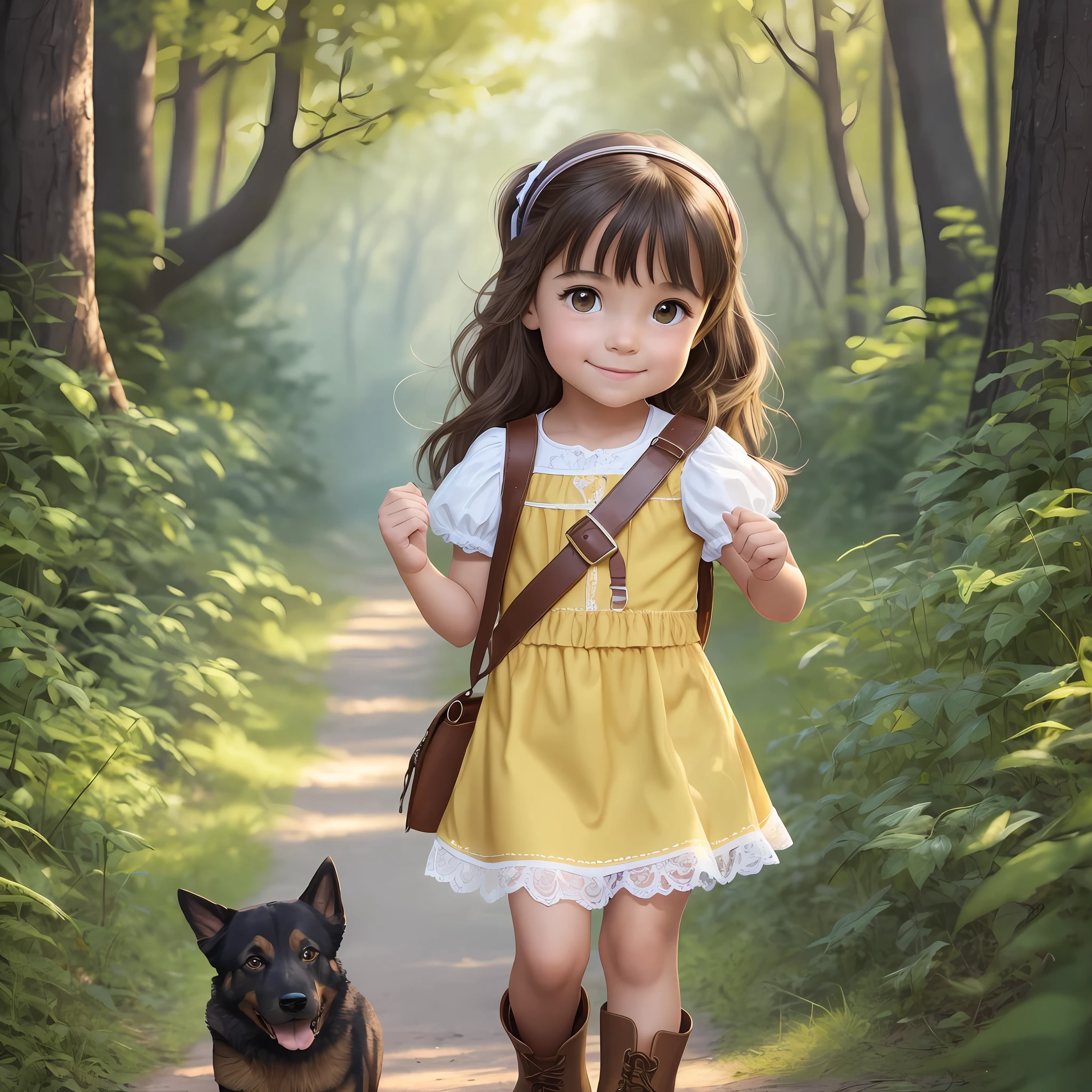 A , very charming, wearing a brown boot, full of energy, enthusiastic, curious and brave and with a puppy, very cute, German shepherd in yellow color. The illustration is a high-definition illustration in 4K resolution, featuring highly detailed and ultra-realistic facial features and cartoon-style, Disney-style and Pixar Animation style visuals, --no outline, --air 2:3 - -s2, Alicia was excited, She and Apollo were about to enter the mysterious Forest of Dreams in search of a hidden treasure. Together, they began their adventure! --auto --s2