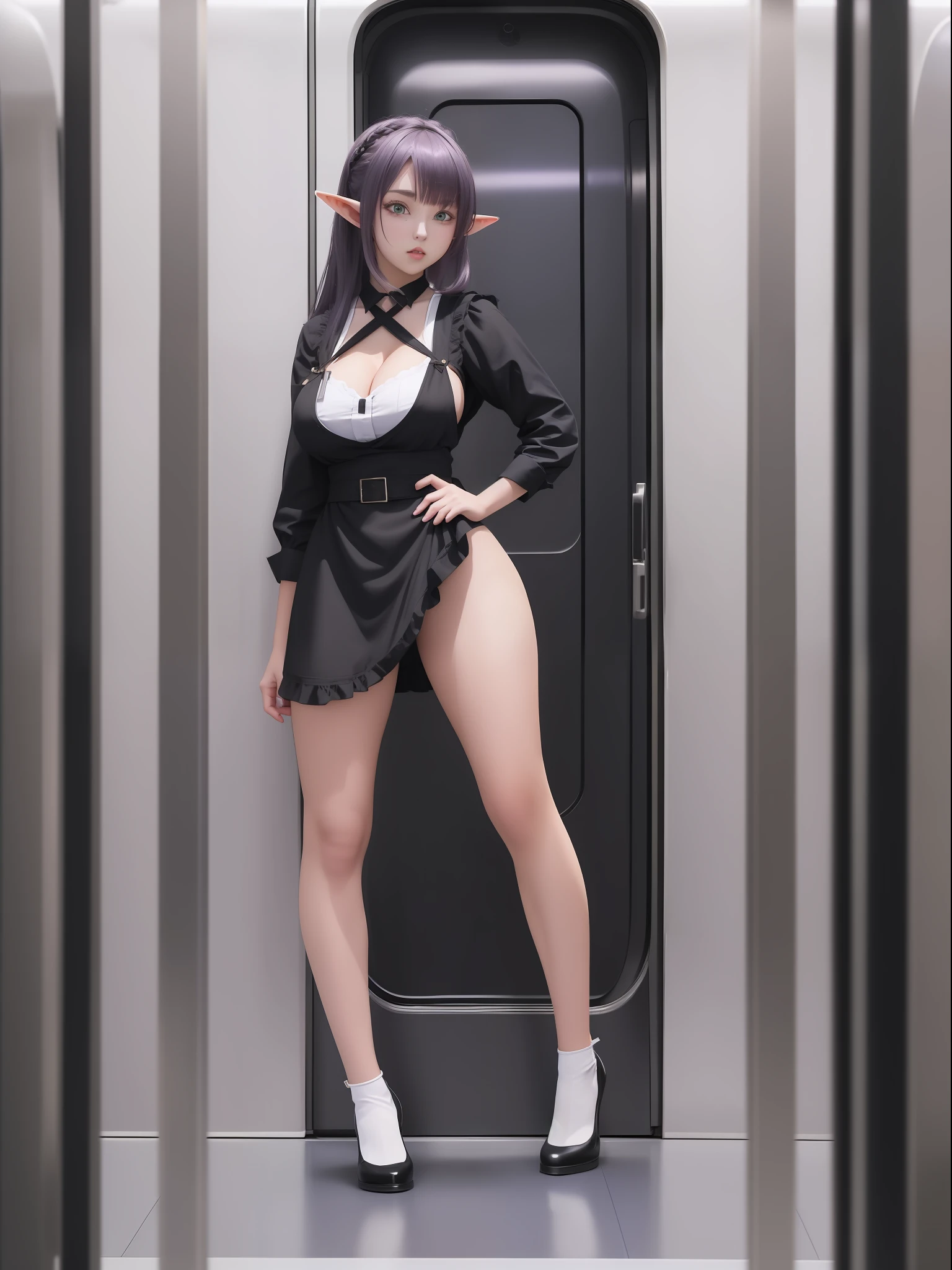 (Full body photo:2.0), (An 18-year-old Elf girl:1.5), (absurdly large breasts:1.5), (she's wearing pantless black maid attire with white apron:1.3), (she's inside a crowded train doing sexy poses:1.5), (extremely tight outfit on her body/very short outfit and pquena:1.5), (she has purple hair:1.3),  (she has blue eyes:1.3), (She's/reddened cheeks:1.5), anime, anime, Realism, 16k, best quality, high details, UHD, masterpiece